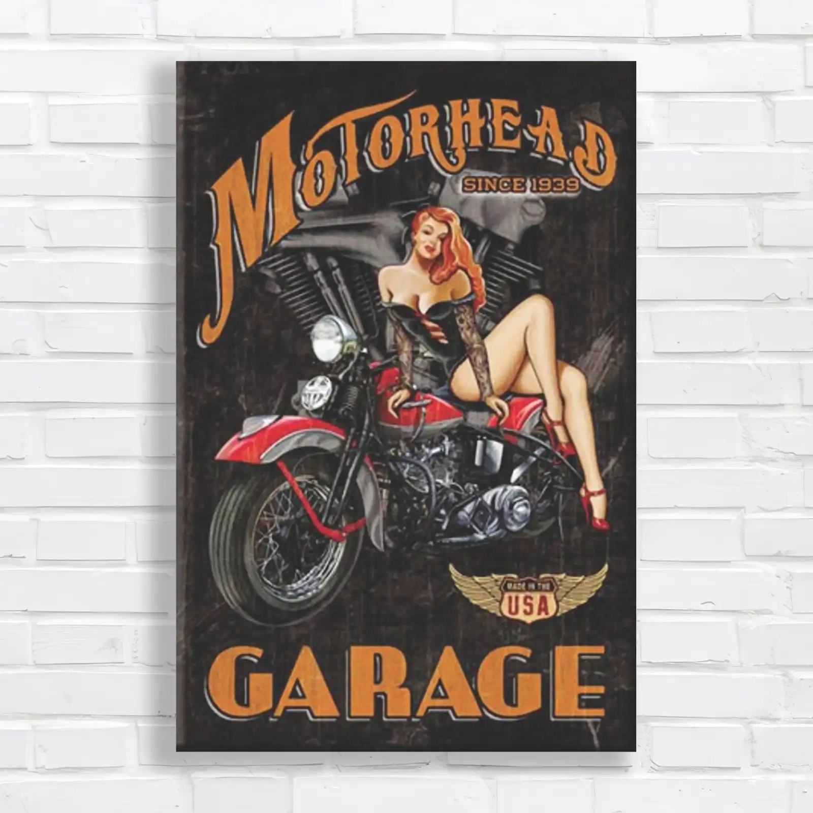 Retro Motorcycle Pinup Canvas Print Large Picture Wall Art | eBay UK