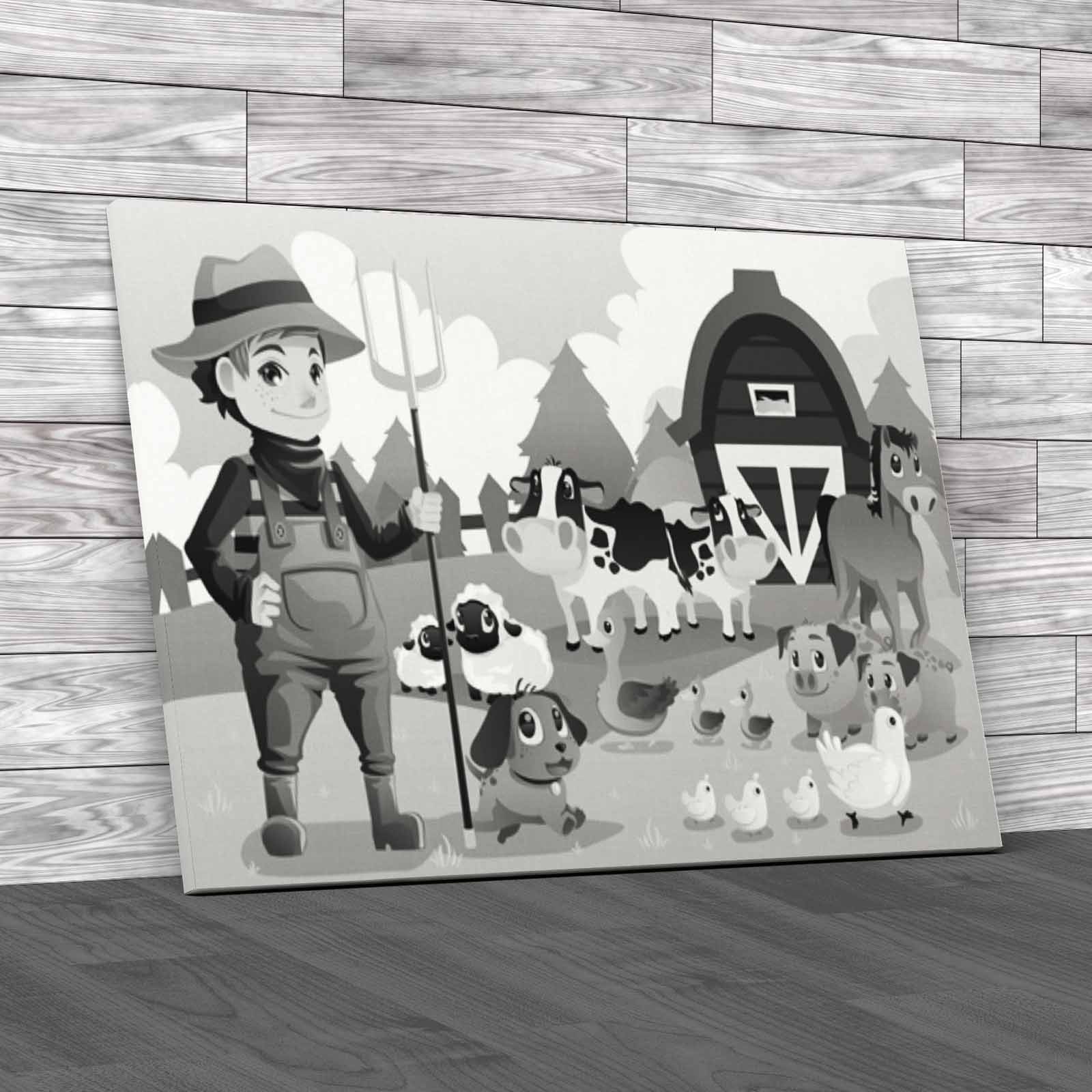 Farmer At His Farm With A Bunch Of Farm Animals Canvas Print Large Picture Wall - Picture 3 of 12