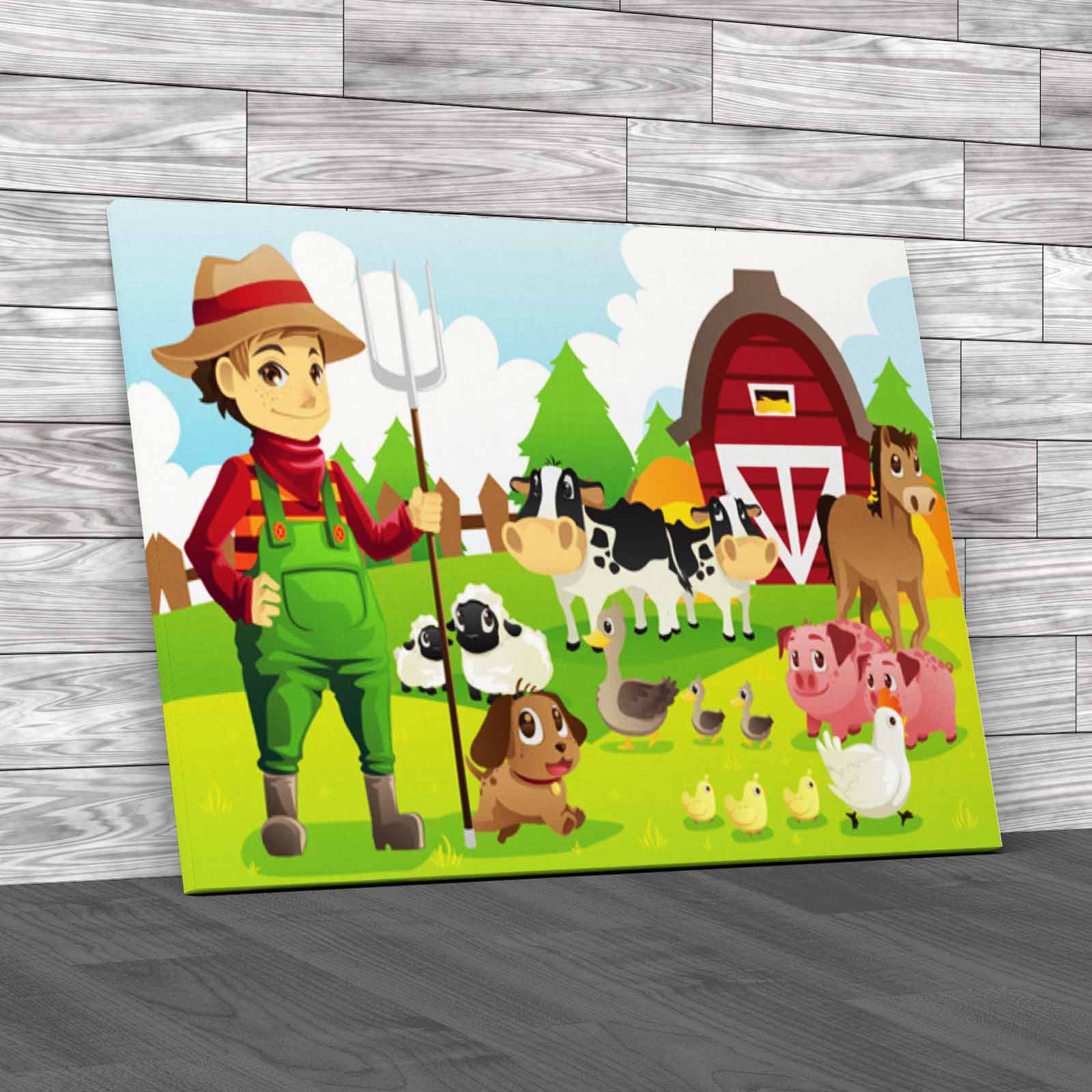 Farmer At His Farm With A Bunch Of Farm Animals Canvas Print Large Picture Wall - Picture 2 of 12