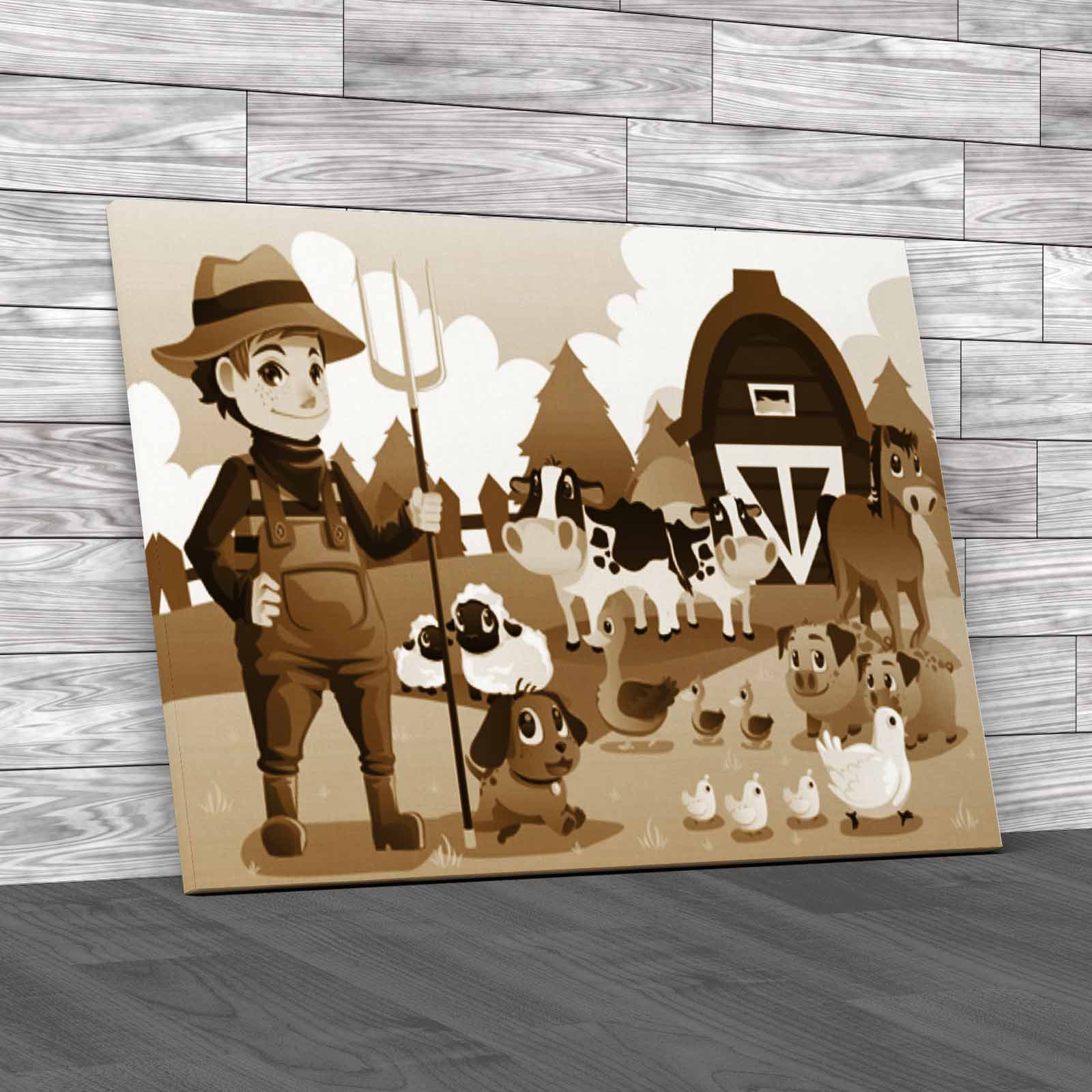Farmer At His Farm With A Bunch Of Farm Animals Canvas Print Large Picture Wall