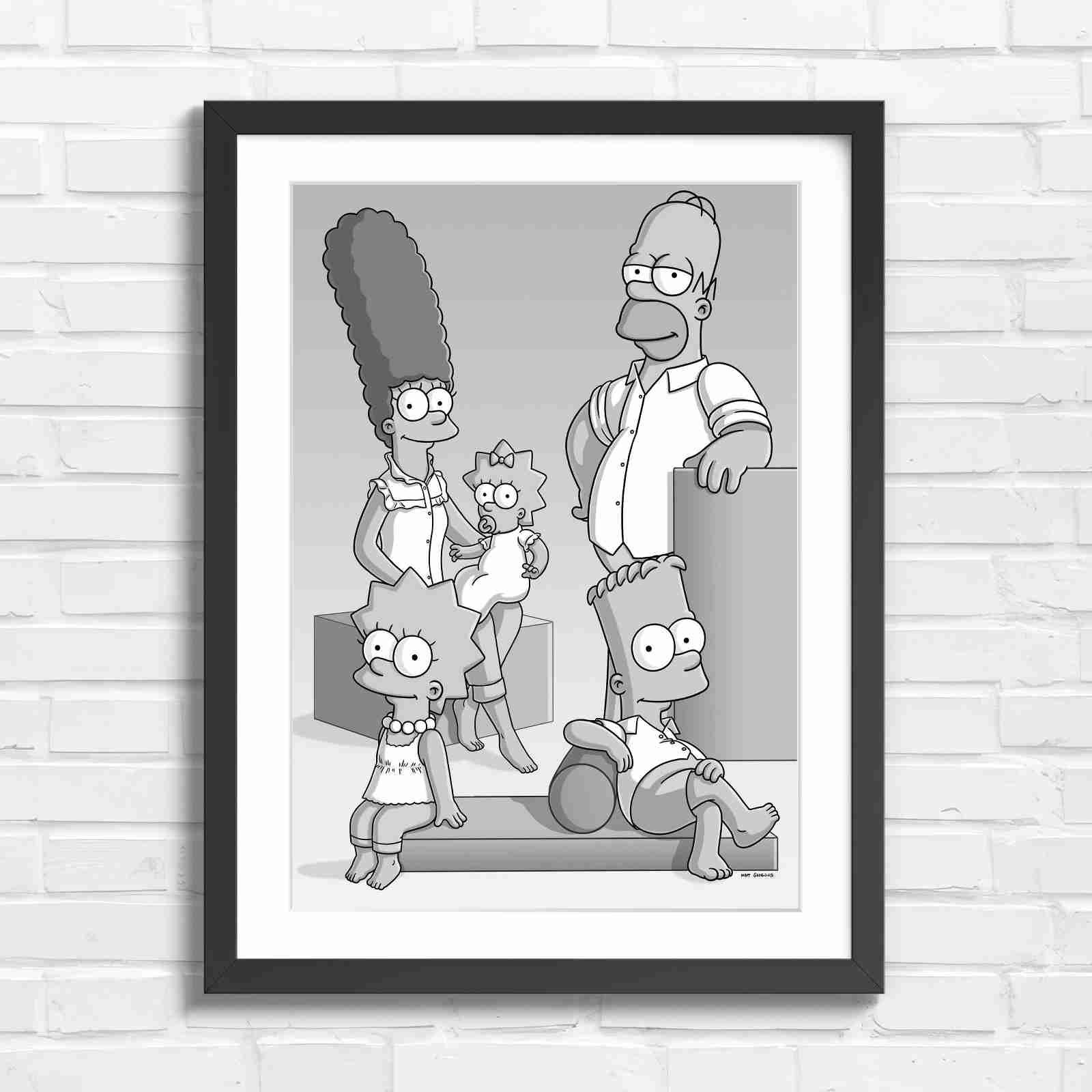 The Simpsons Family Portrait Art - Black & White in Black Frame