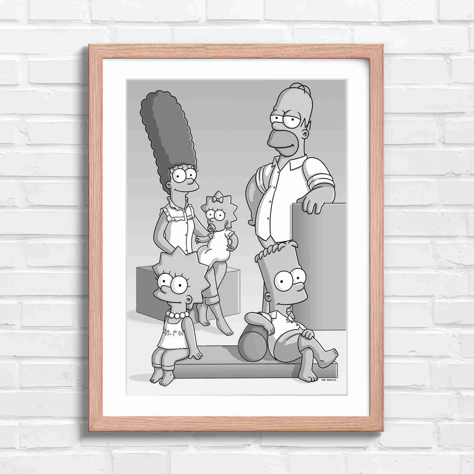 The Simpsons Family Portrait Art - Black & White in Oak Frame