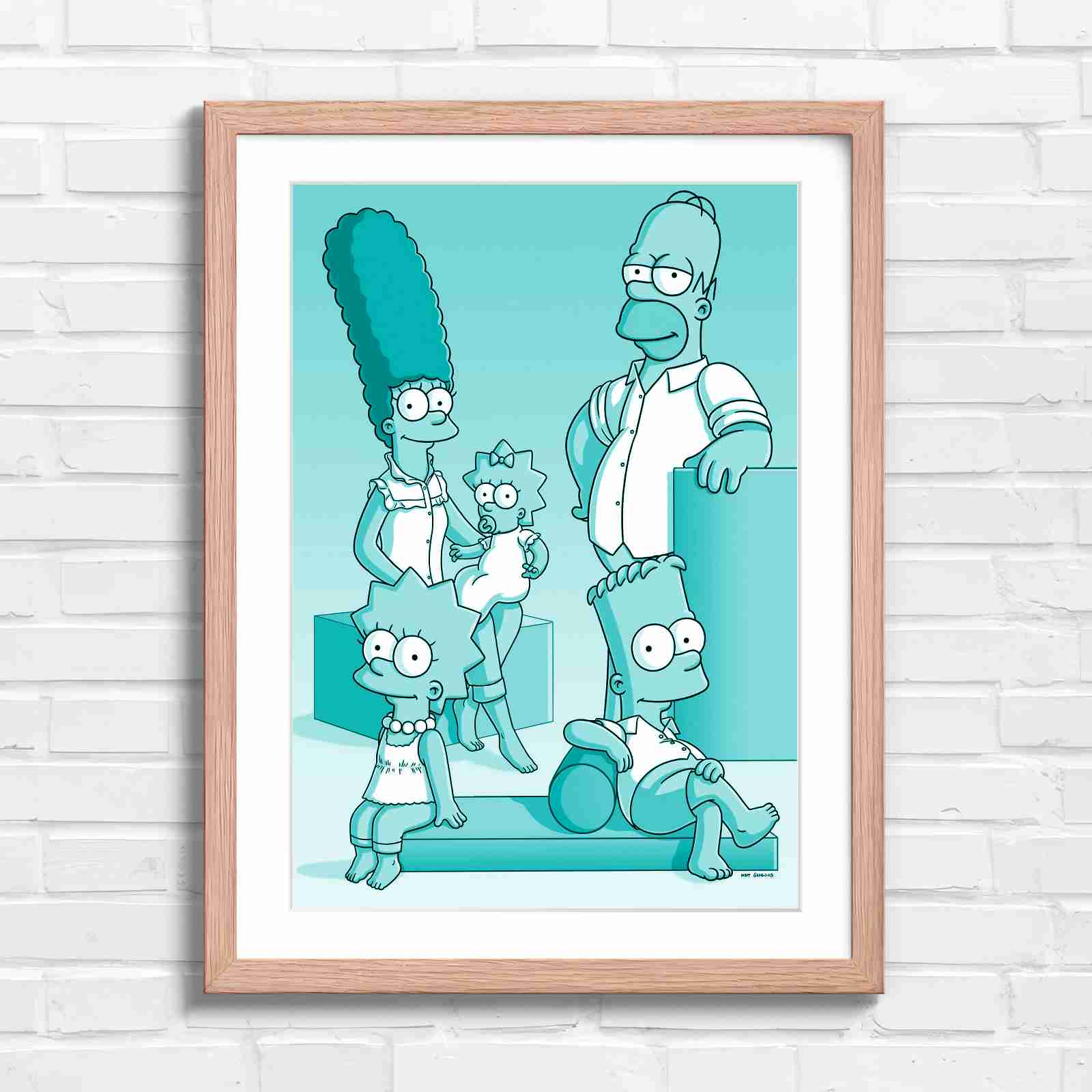 The Simpsons Family Portrait Art - Teal in Oak Frame