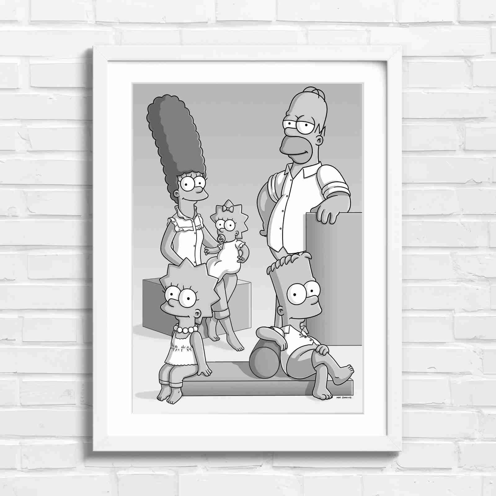The Simpsons Family Portrait Art - Black & White in White Frame