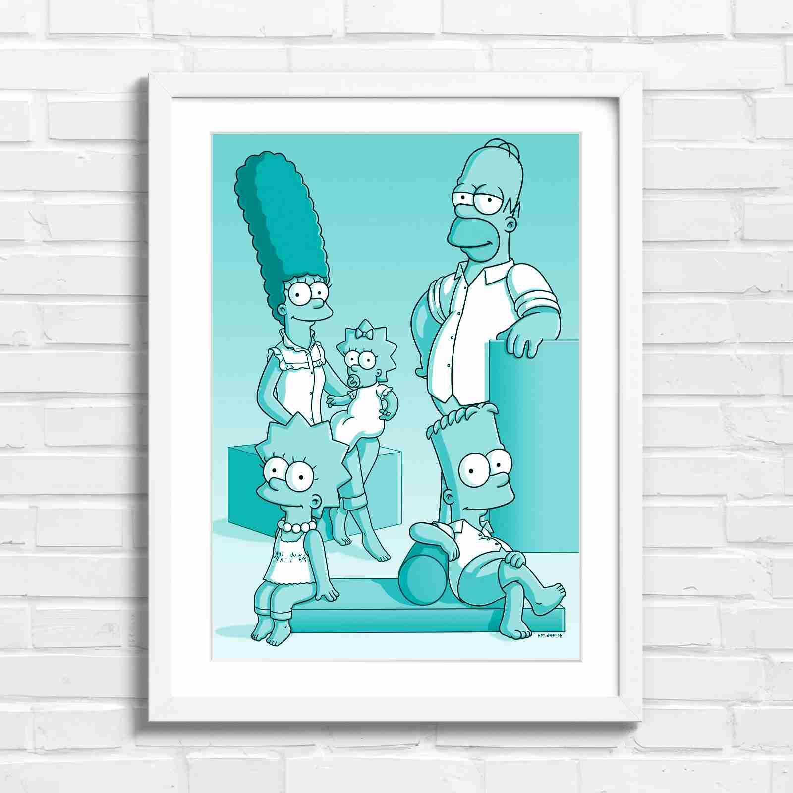 The Simpsons Family Portrait Art - Teal in White Frame