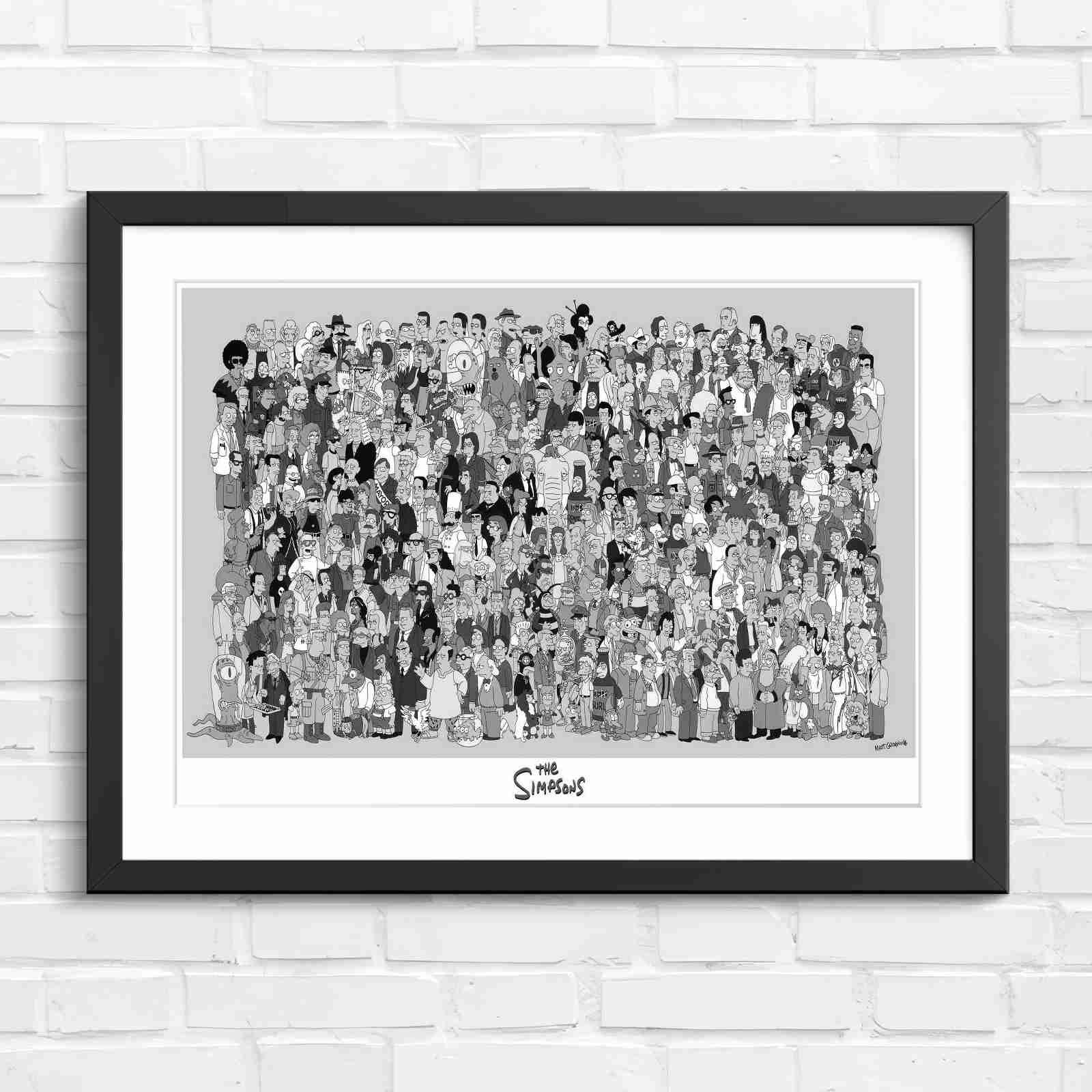 Massive The Simpsons Cast Gathering - Black & White in Black Frame