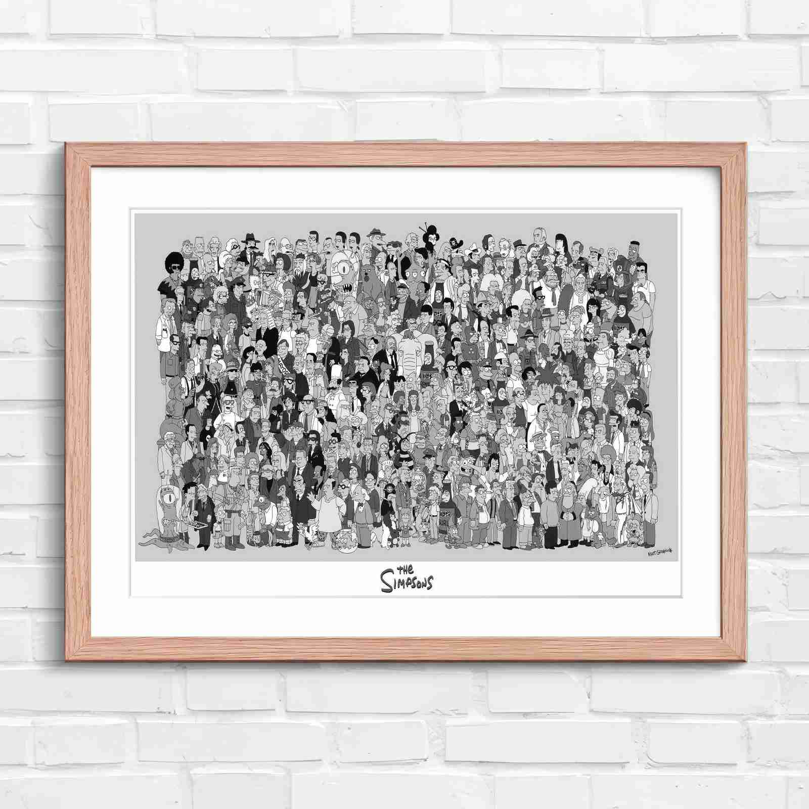 Massive The Simpsons Cast Gathering - Black & White in Oak Frame