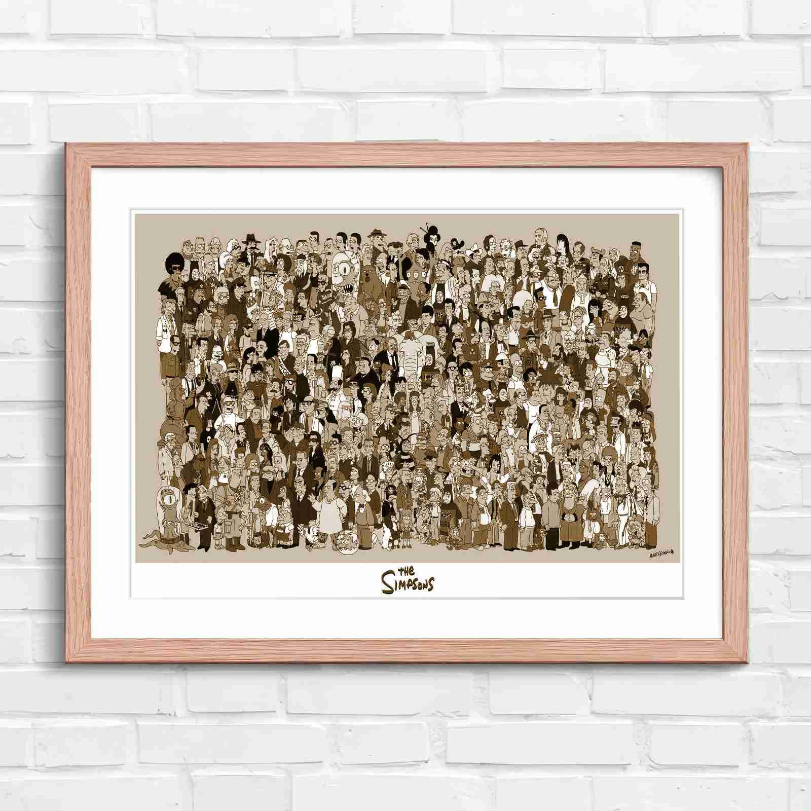 Massive The Simpsons Cast Gathering - Sepia in Oak Frame