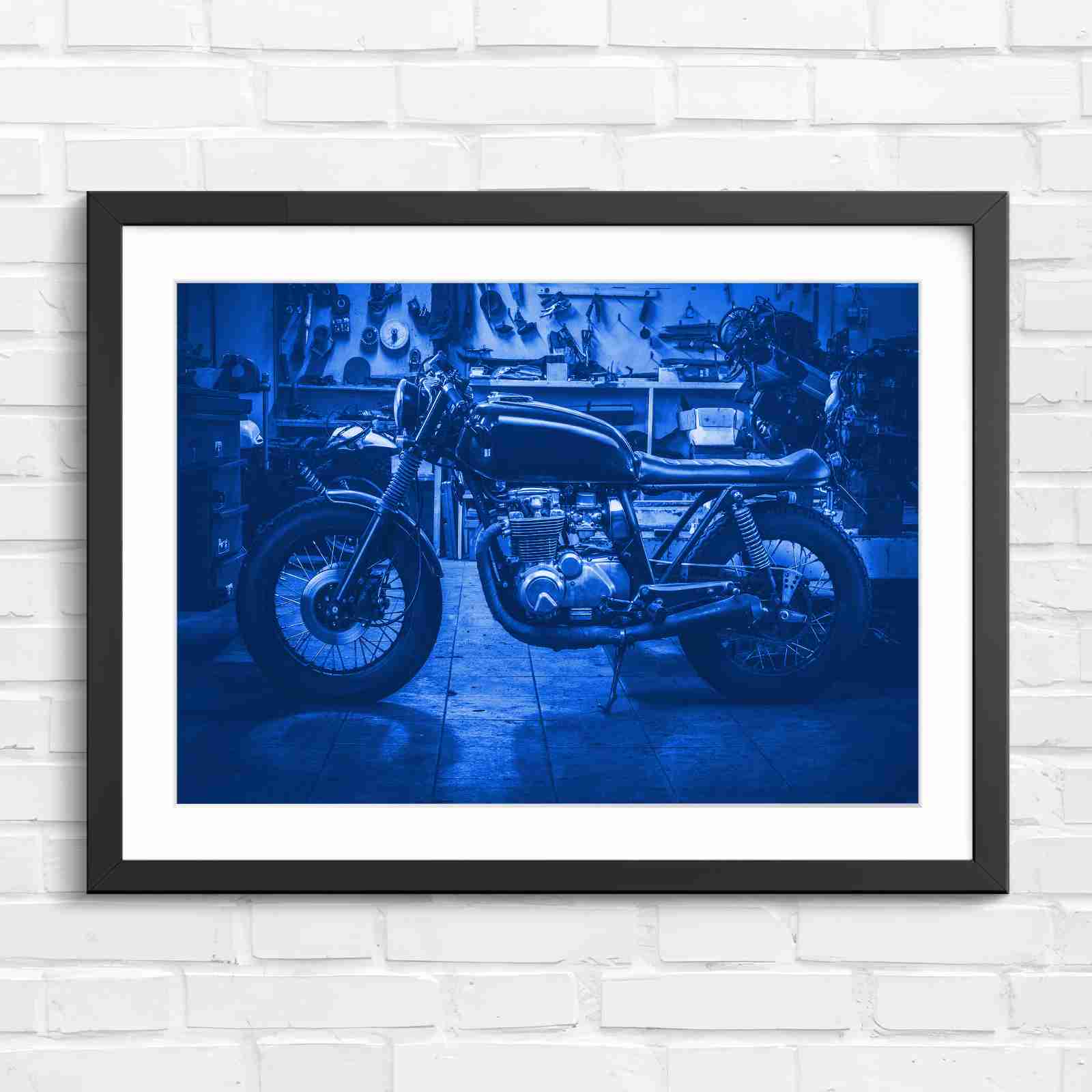 Custom Vintage Motorcycle in Workshop - Blue in Black Frame