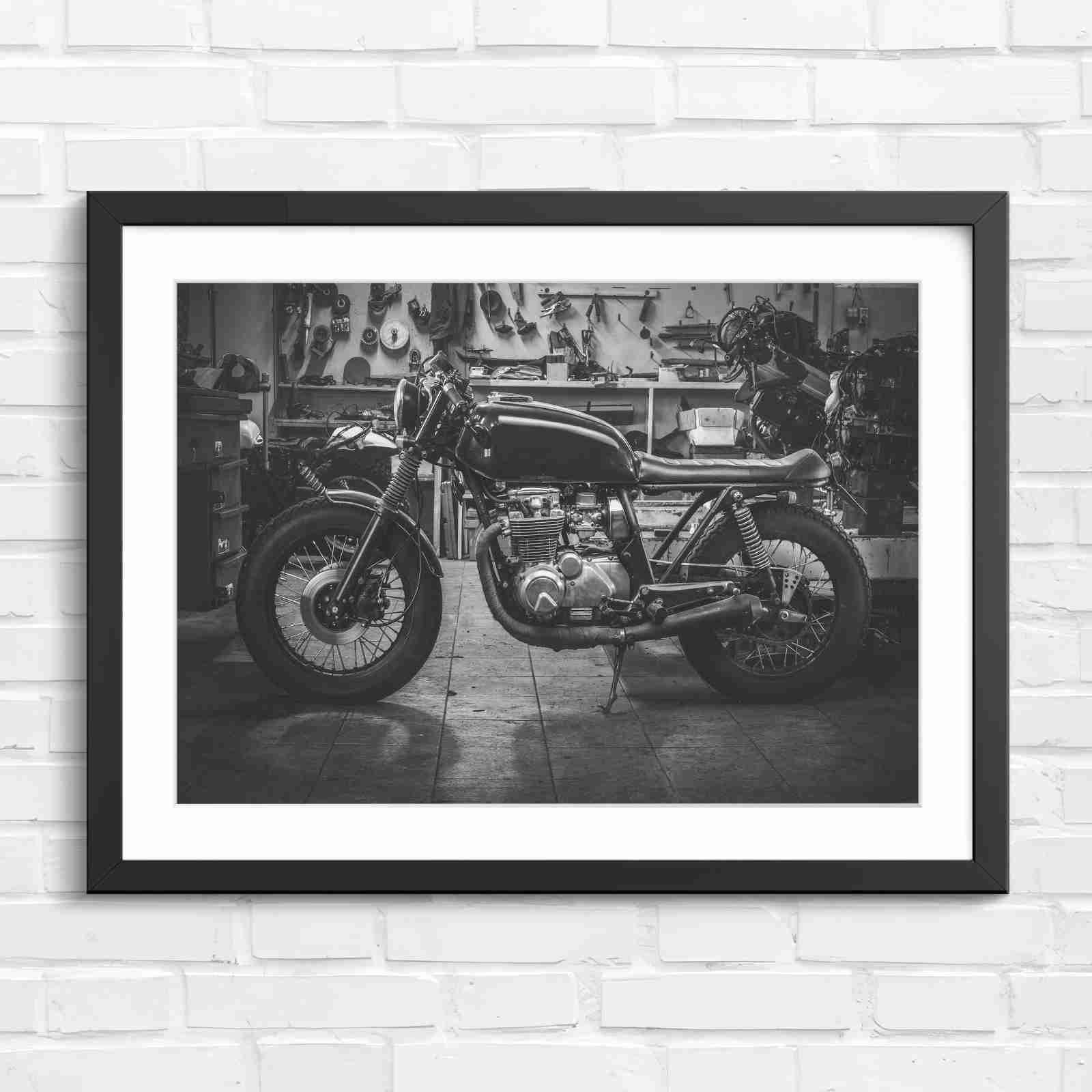 Custom Vintage Motorcycle in Workshop - Black & White in Black Frame