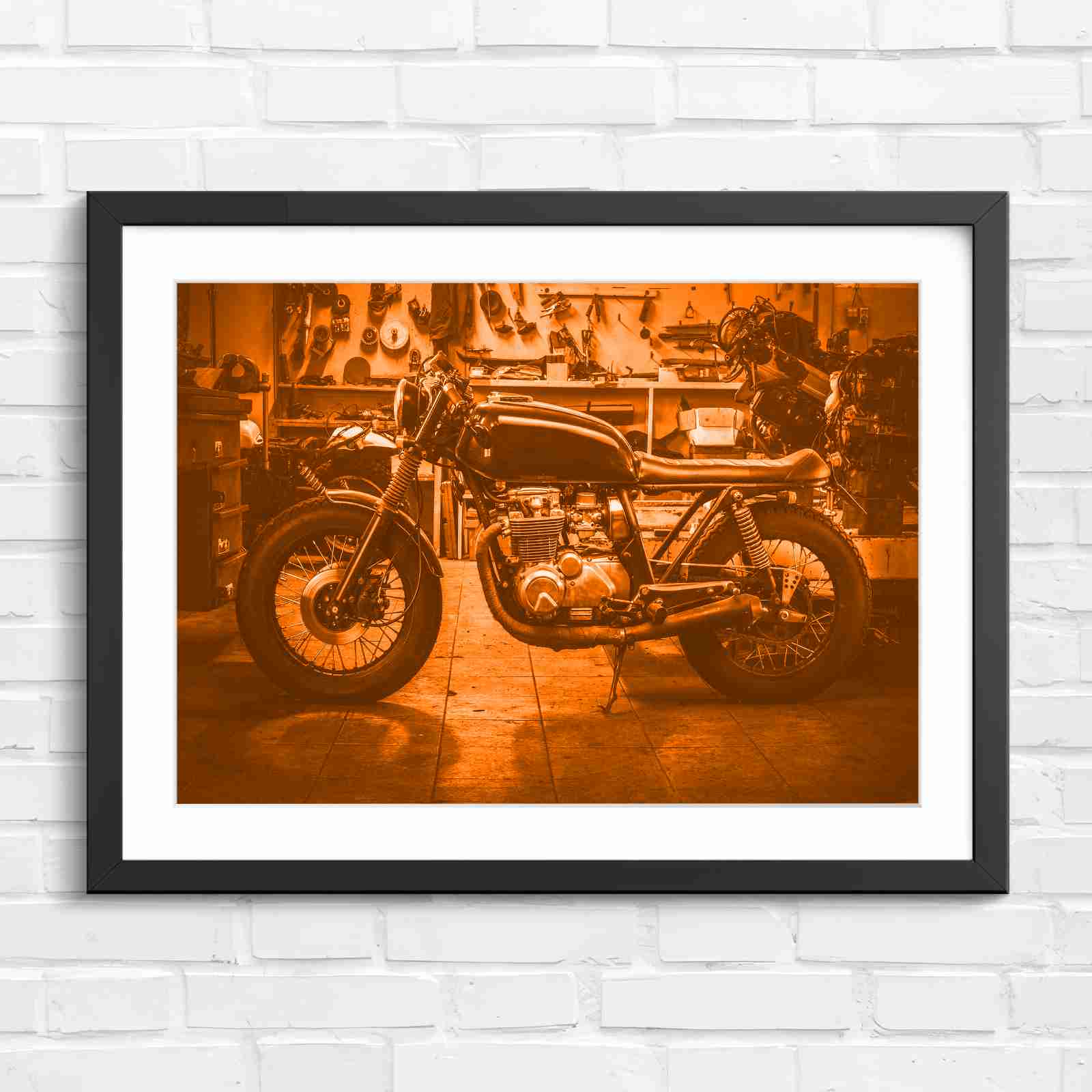 Custom Vintage Motorcycle in Workshop - Orange in Black Frame