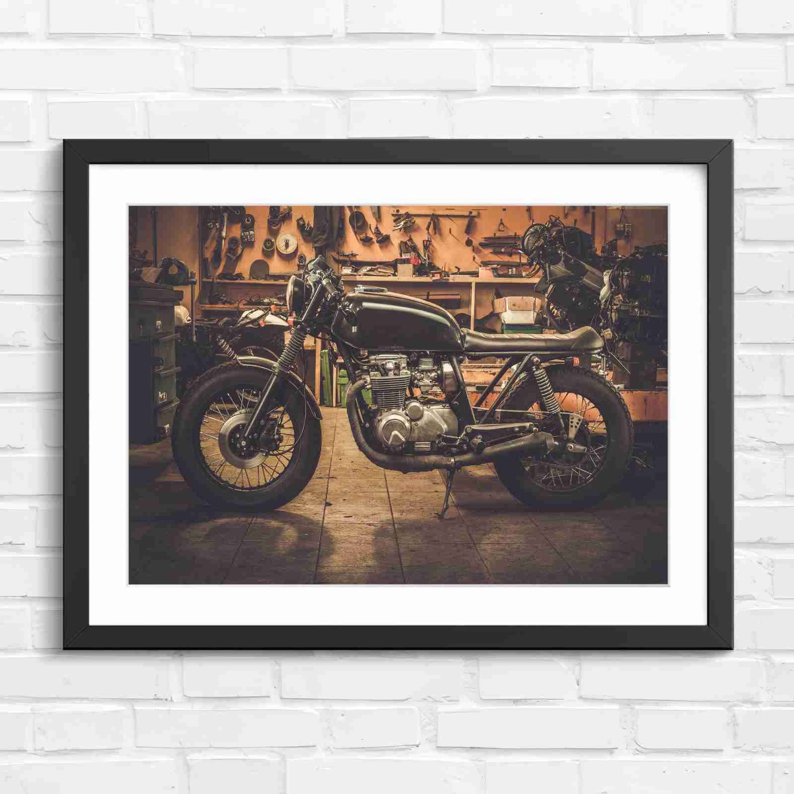 Custom Vintage Motorcycle in Workshop - Original in Black Frame