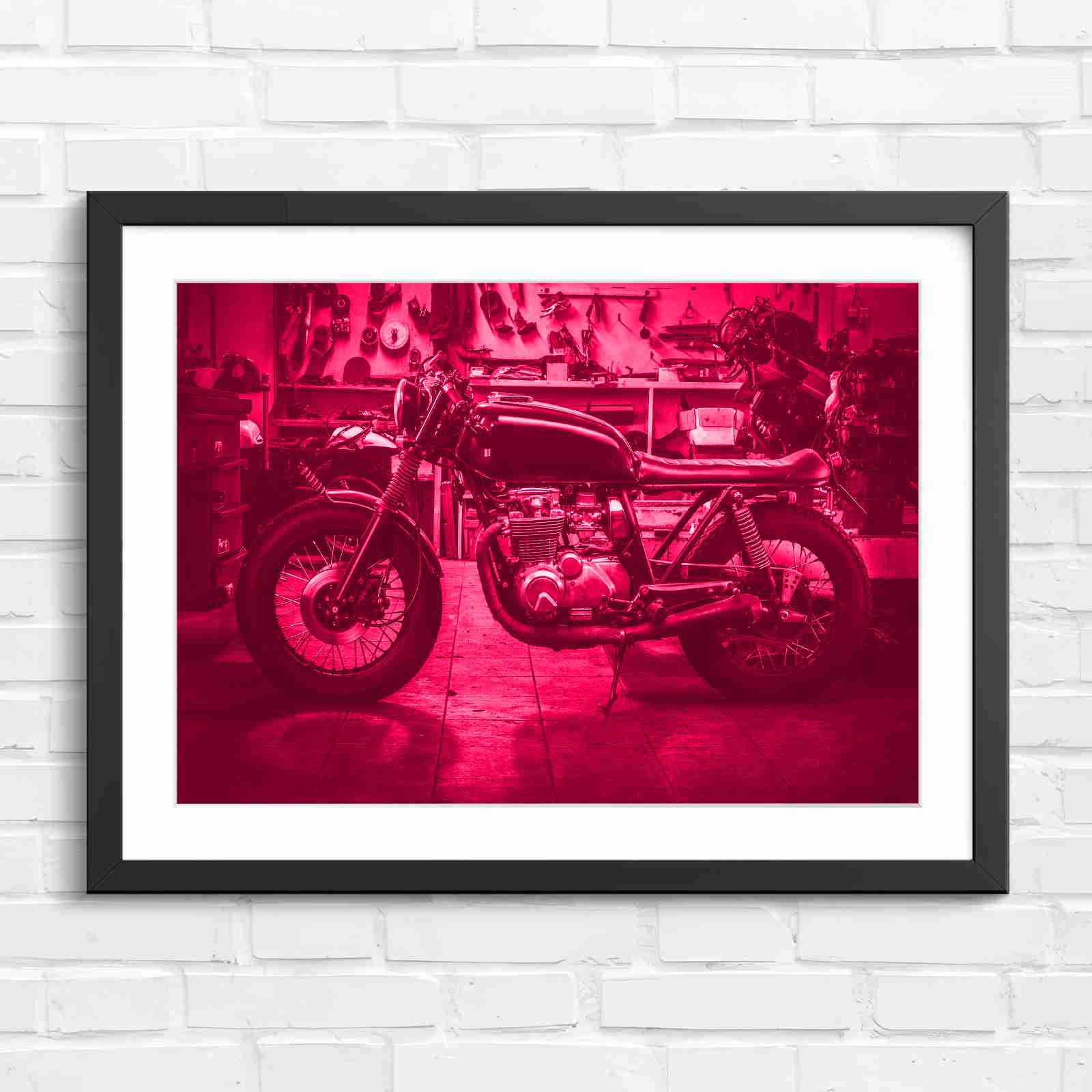 Custom Vintage Motorcycle in Workshop - Pink in Black Frame