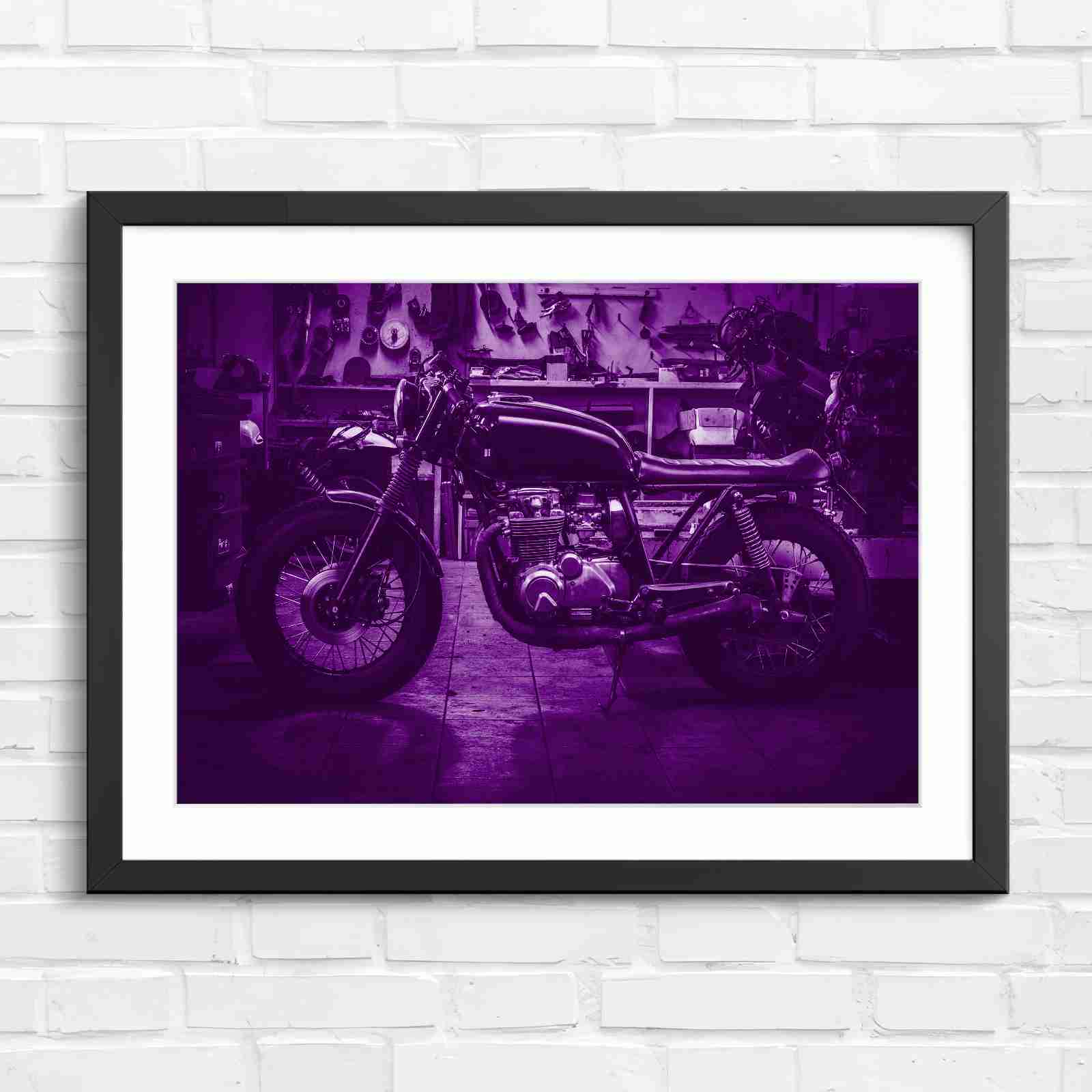 Custom Vintage Motorcycle in Workshop - Purple in Black Frame