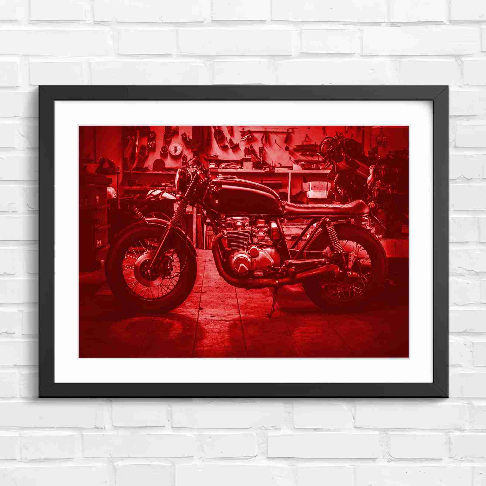 Custom Vintage Motorcycle in Workshop - Red in Black Frame
