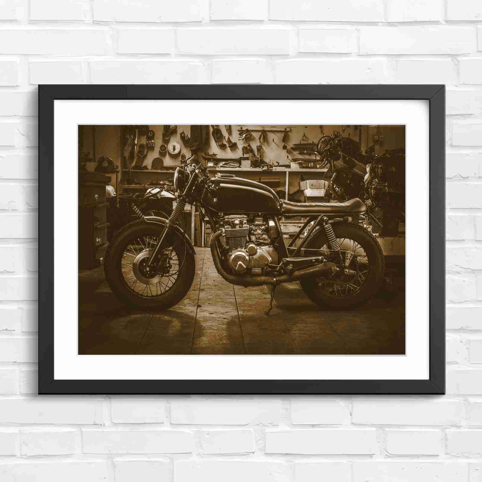Custom Vintage Motorcycle in Workshop - Sepia in Black Frame