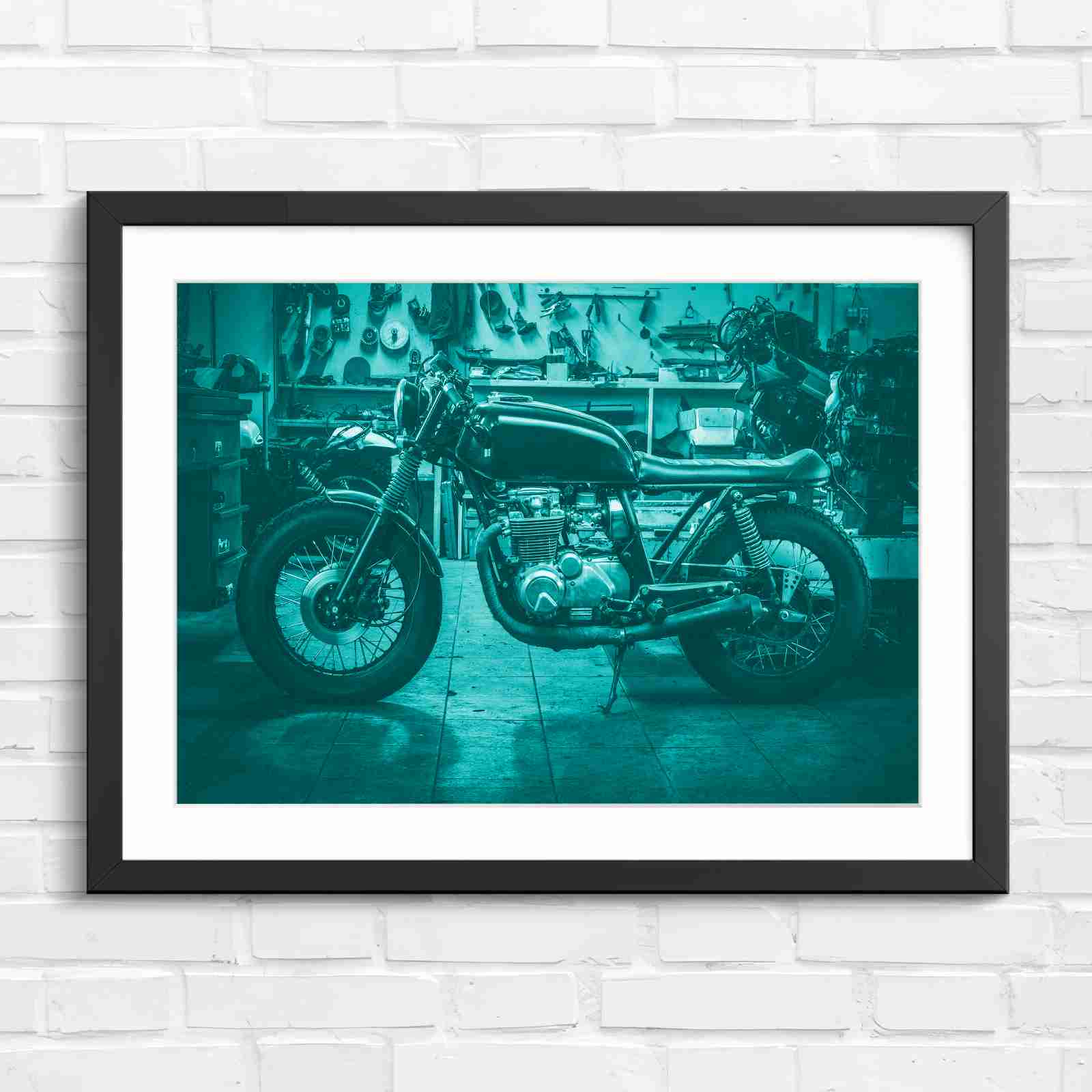 Custom Vintage Motorcycle in Workshop - Teal in Black Frame