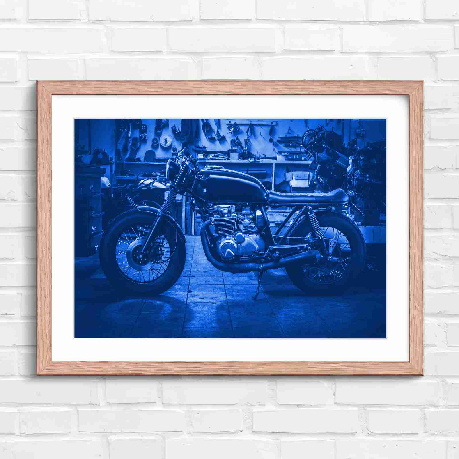 Custom Vintage Motorcycle in Workshop - Blue in Oak Frame