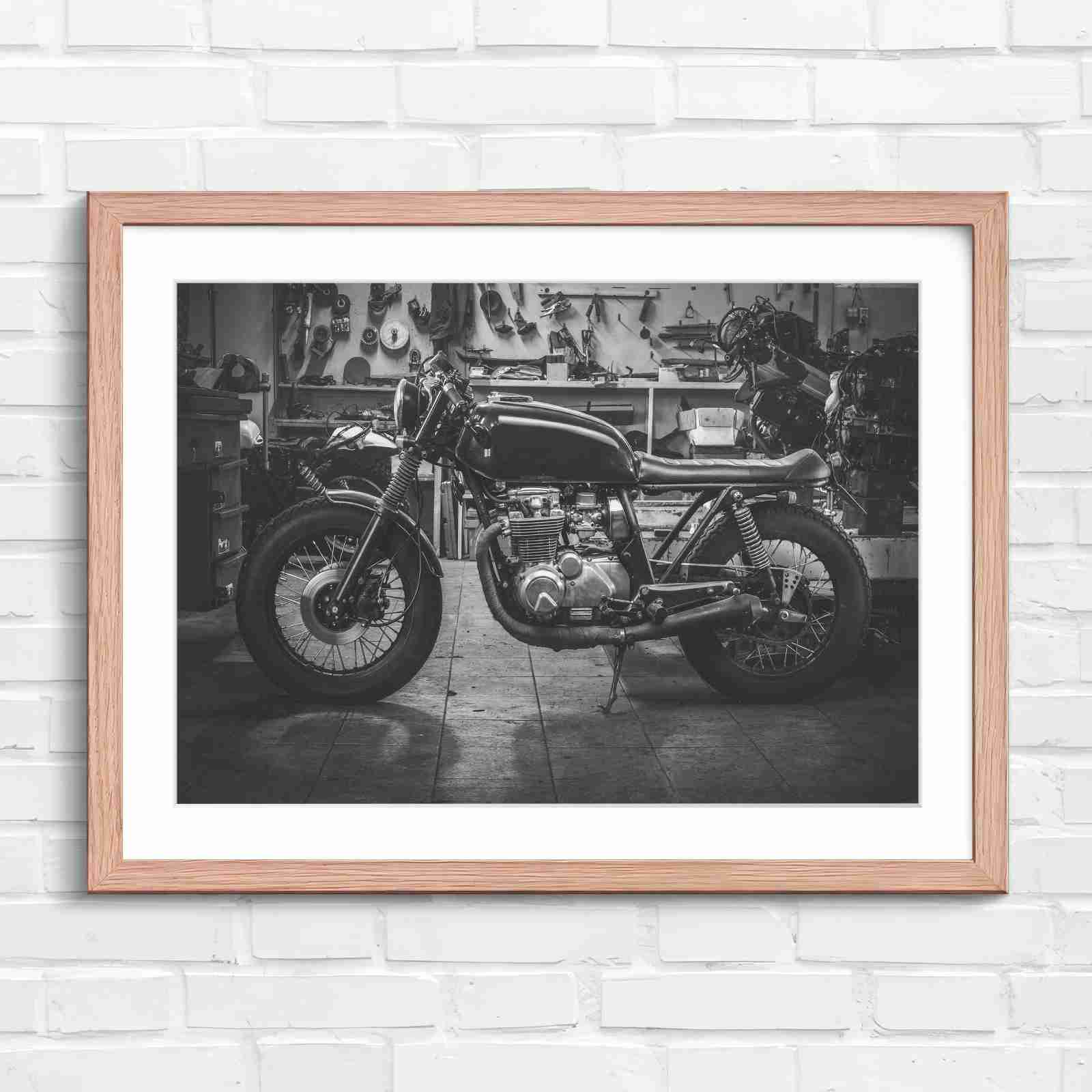 Custom Vintage Motorcycle in Workshop - Black & White in Oak Frame