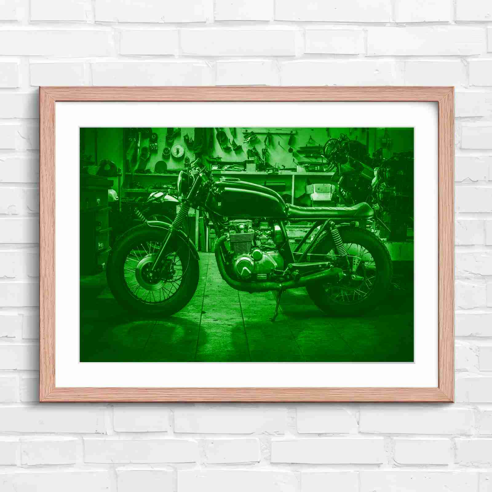 Custom Vintage Motorcycle in Workshop - Green in Oak Frame