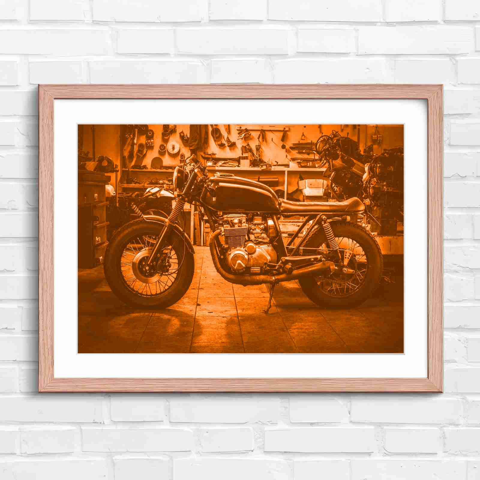 Custom Vintage Motorcycle in Workshop - Orange in Oak Frame