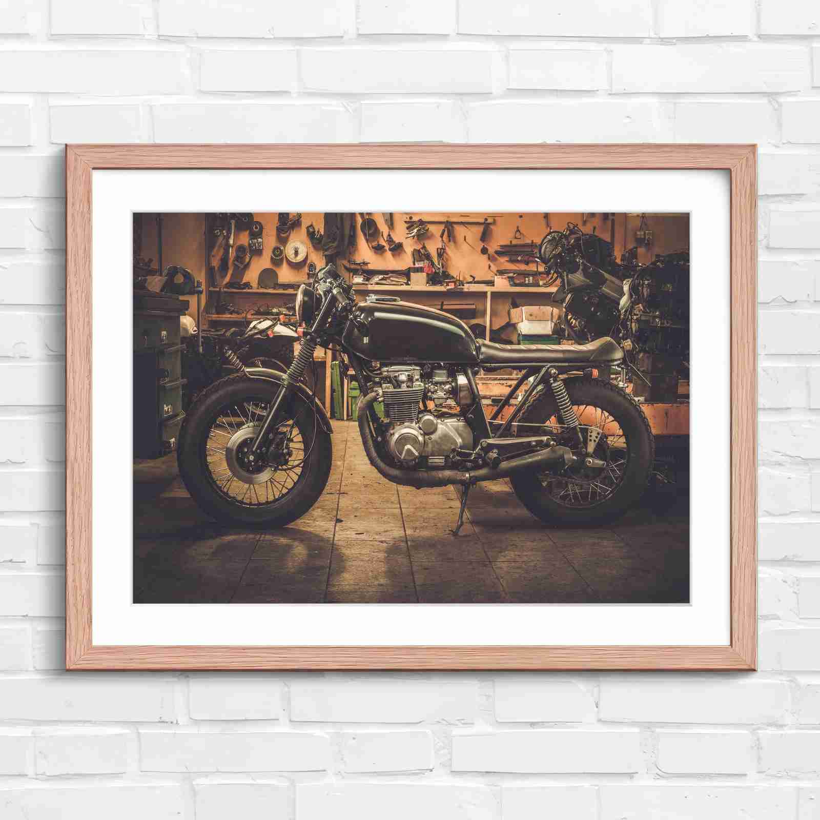 Custom Vintage Motorcycle in Workshop - Original in Oak Frame