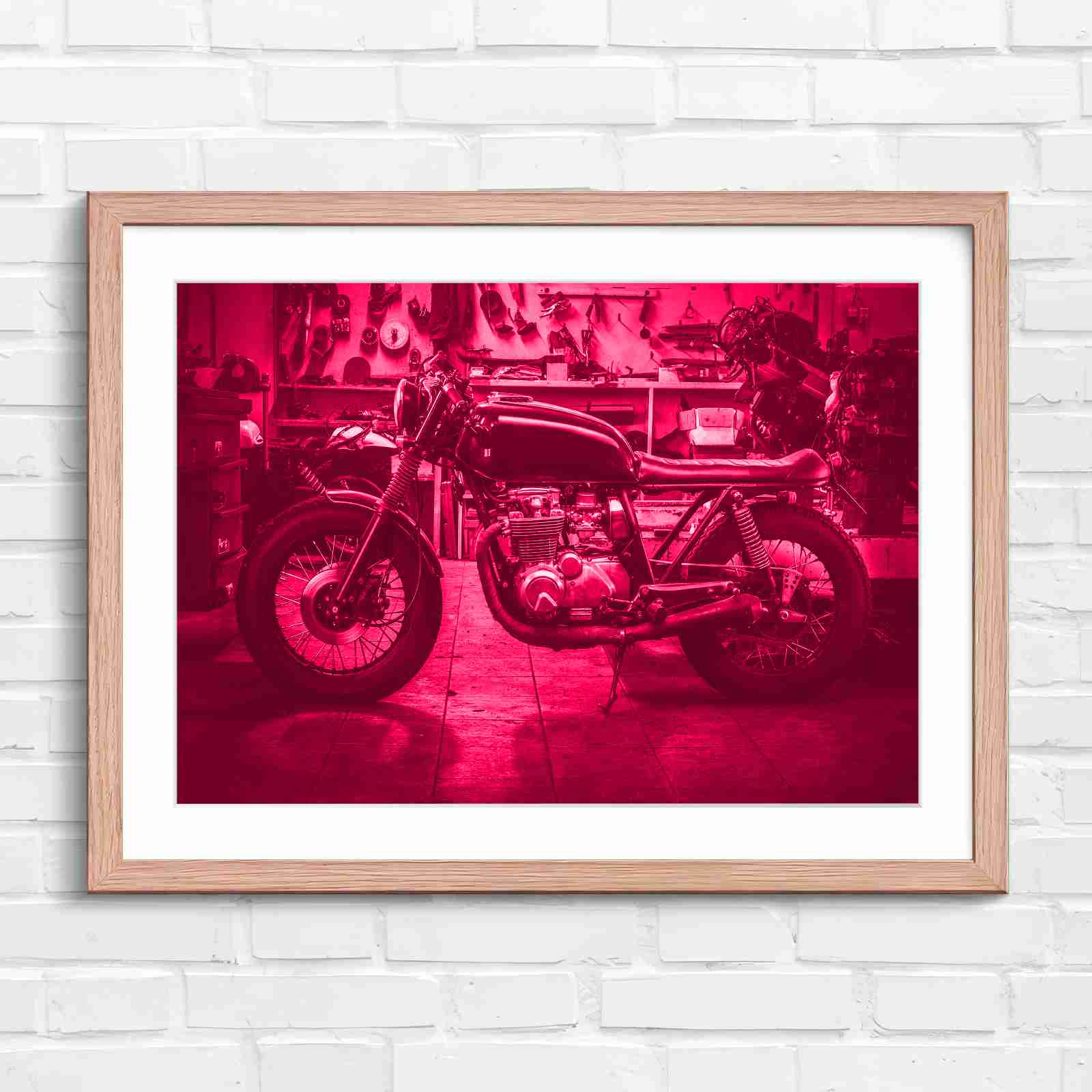Custom Vintage Motorcycle in Workshop - Pink in Oak Frame
