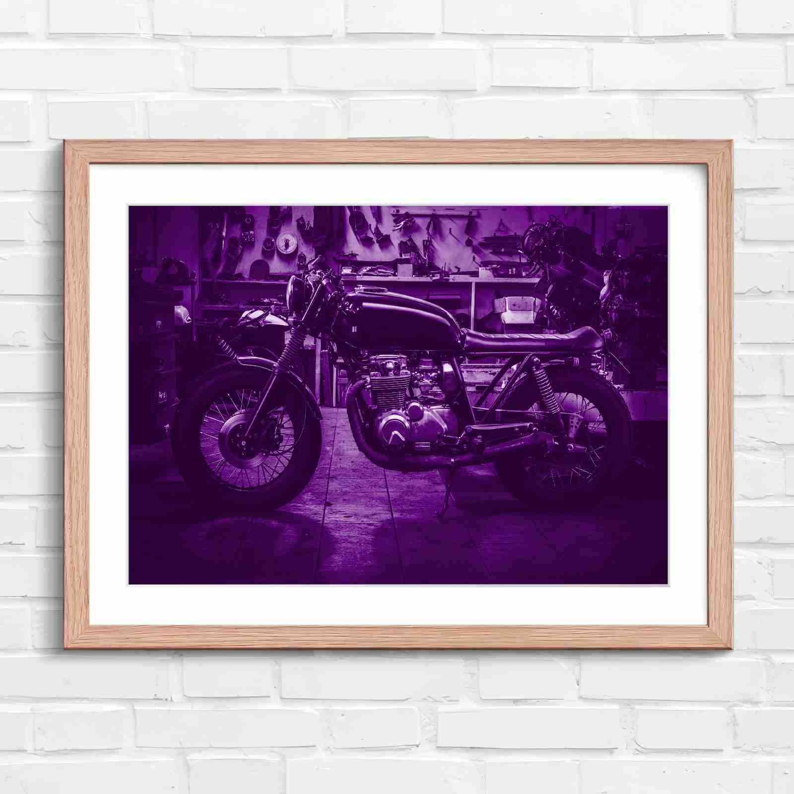 Custom Vintage Motorcycle in Workshop - Purple in Oak Frame