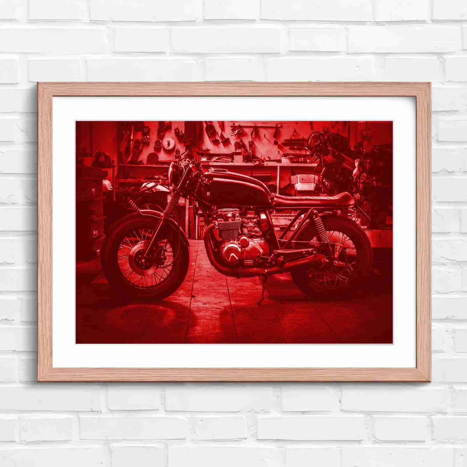 Custom Vintage Motorcycle in Workshop - Red in Oak Frame