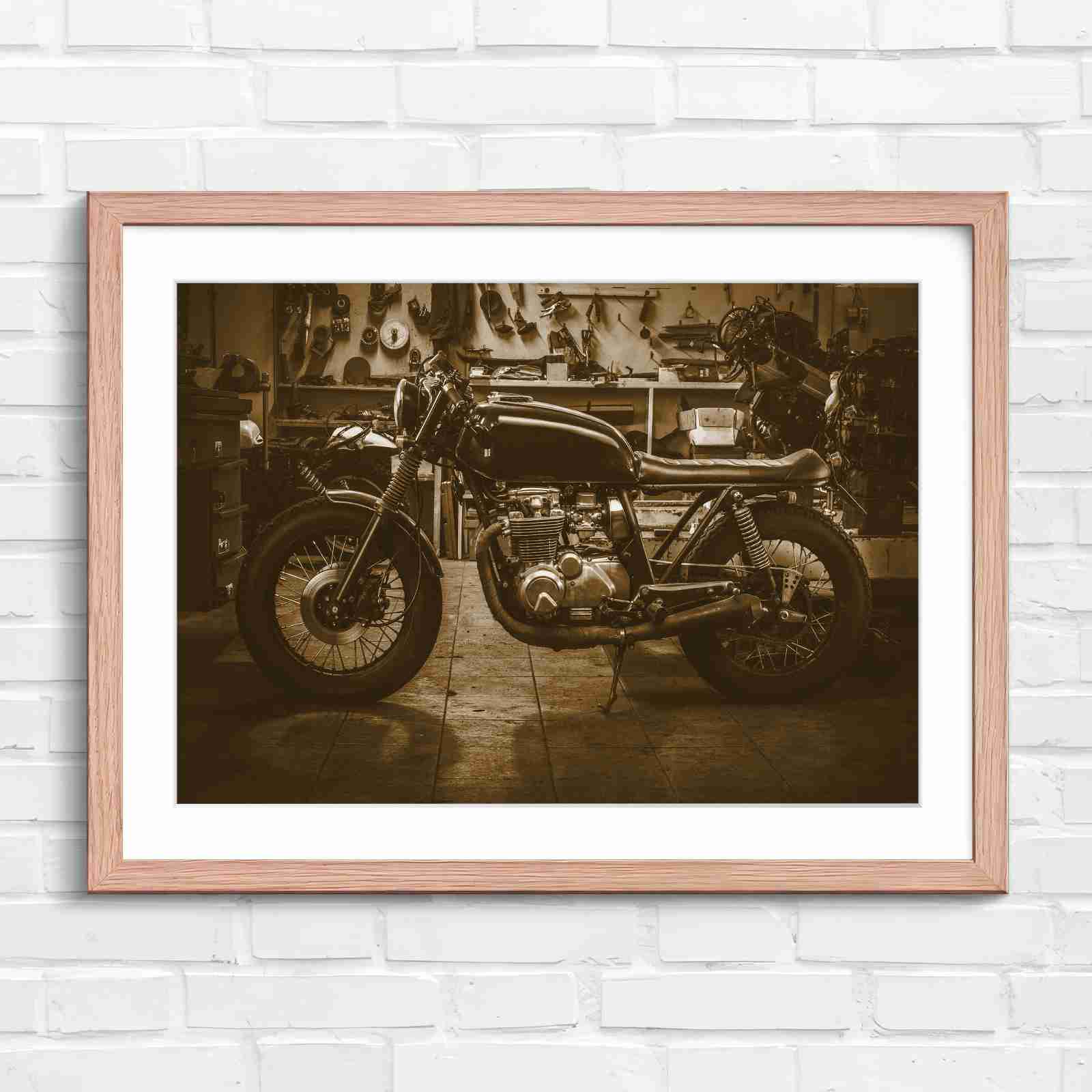 Custom Vintage Motorcycle in Workshop - Sepia in Oak Frame