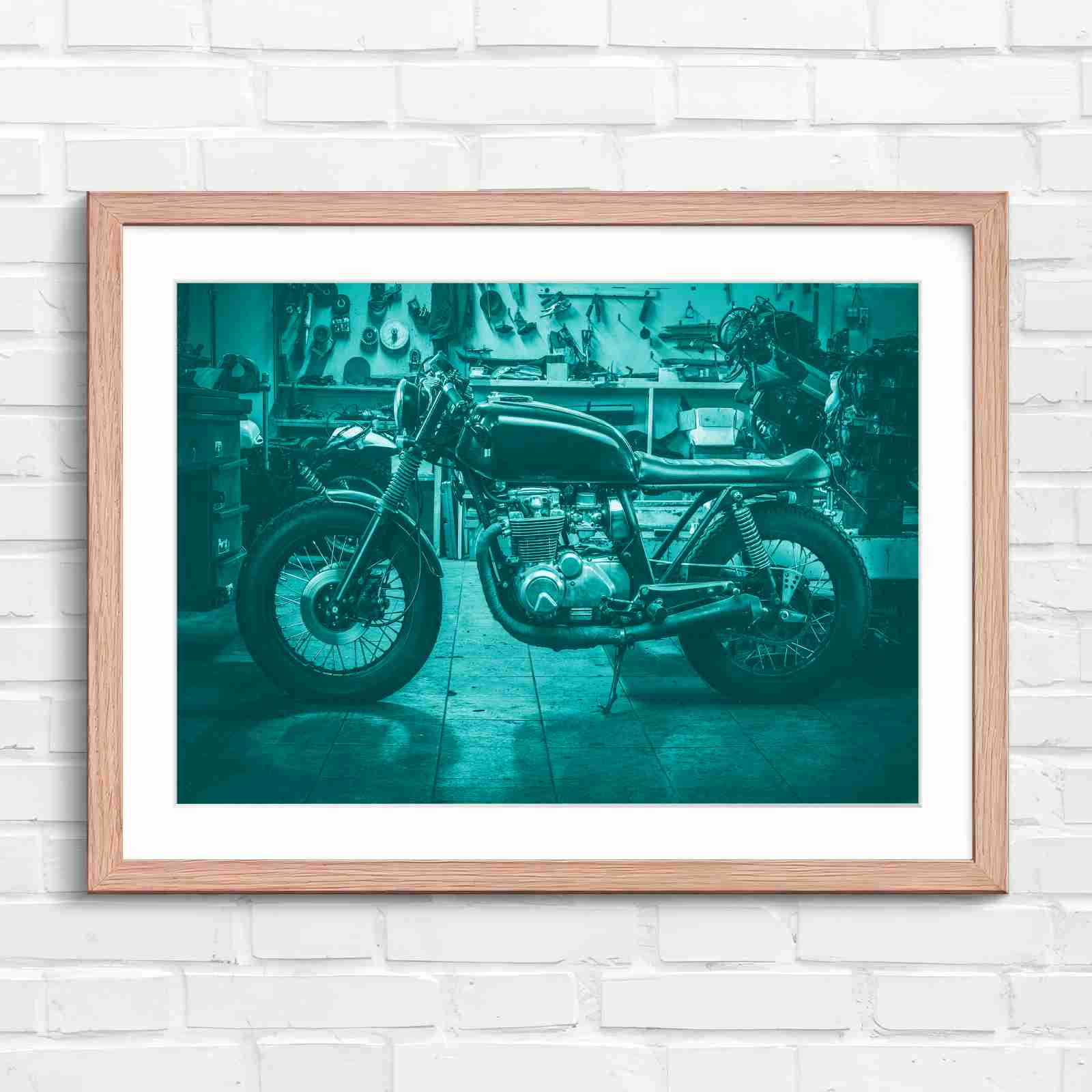 Custom Vintage Motorcycle in Workshop - Teal in Oak Frame