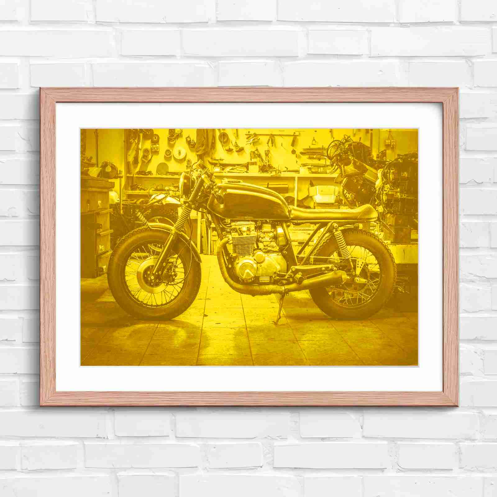 Custom Vintage Motorcycle in Workshop - Yellow in Oak Frame