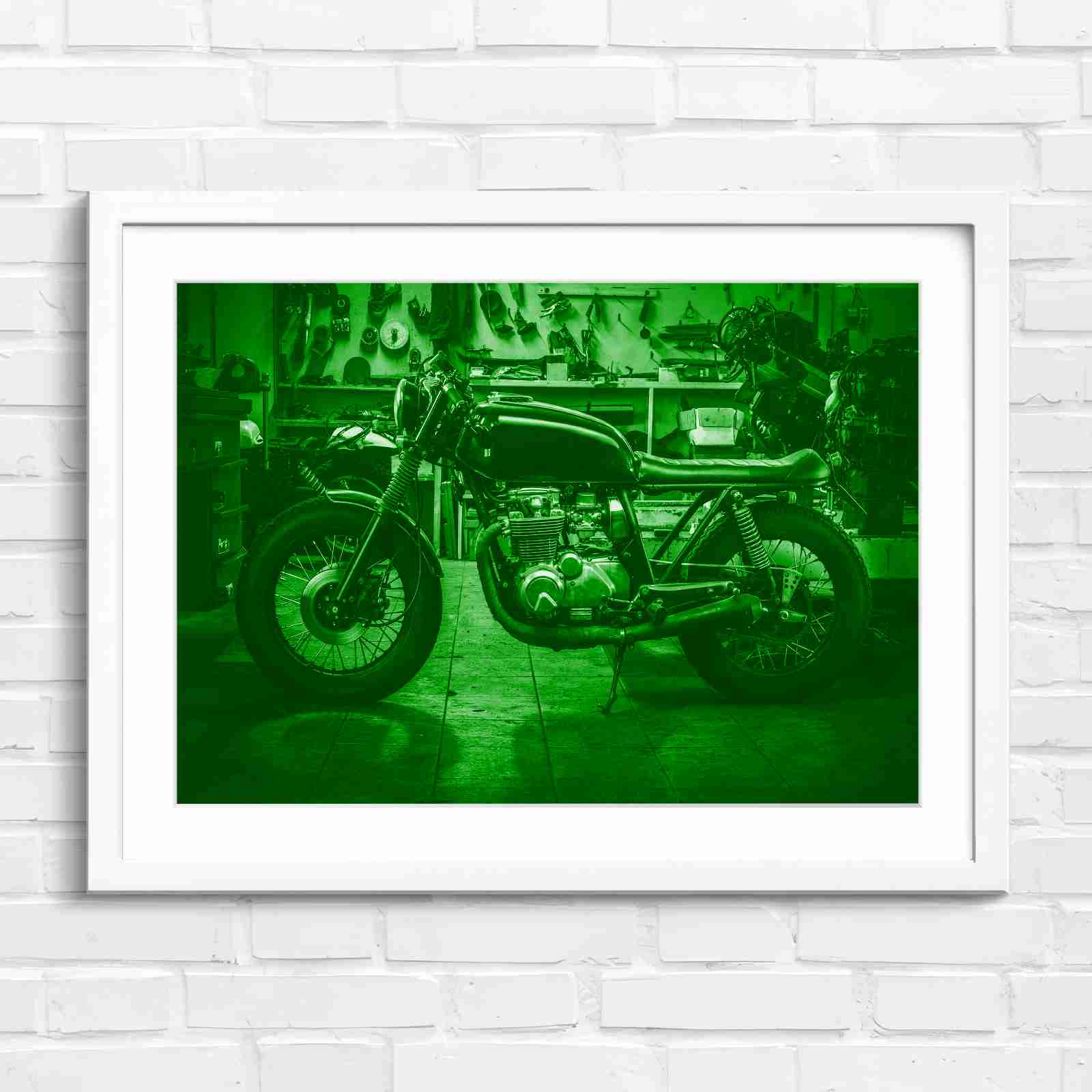 Custom Vintage Motorcycle in Workshop - Green in White Frame