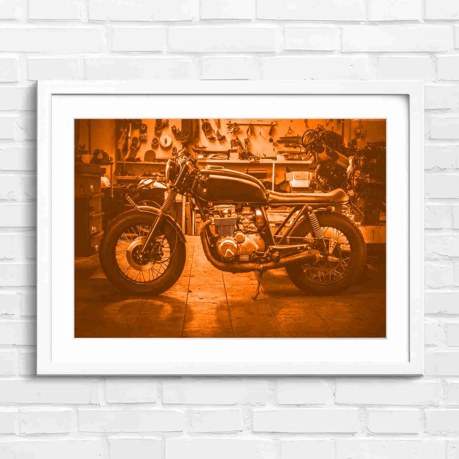 Custom Vintage Motorcycle in Workshop - Orange in White Frame