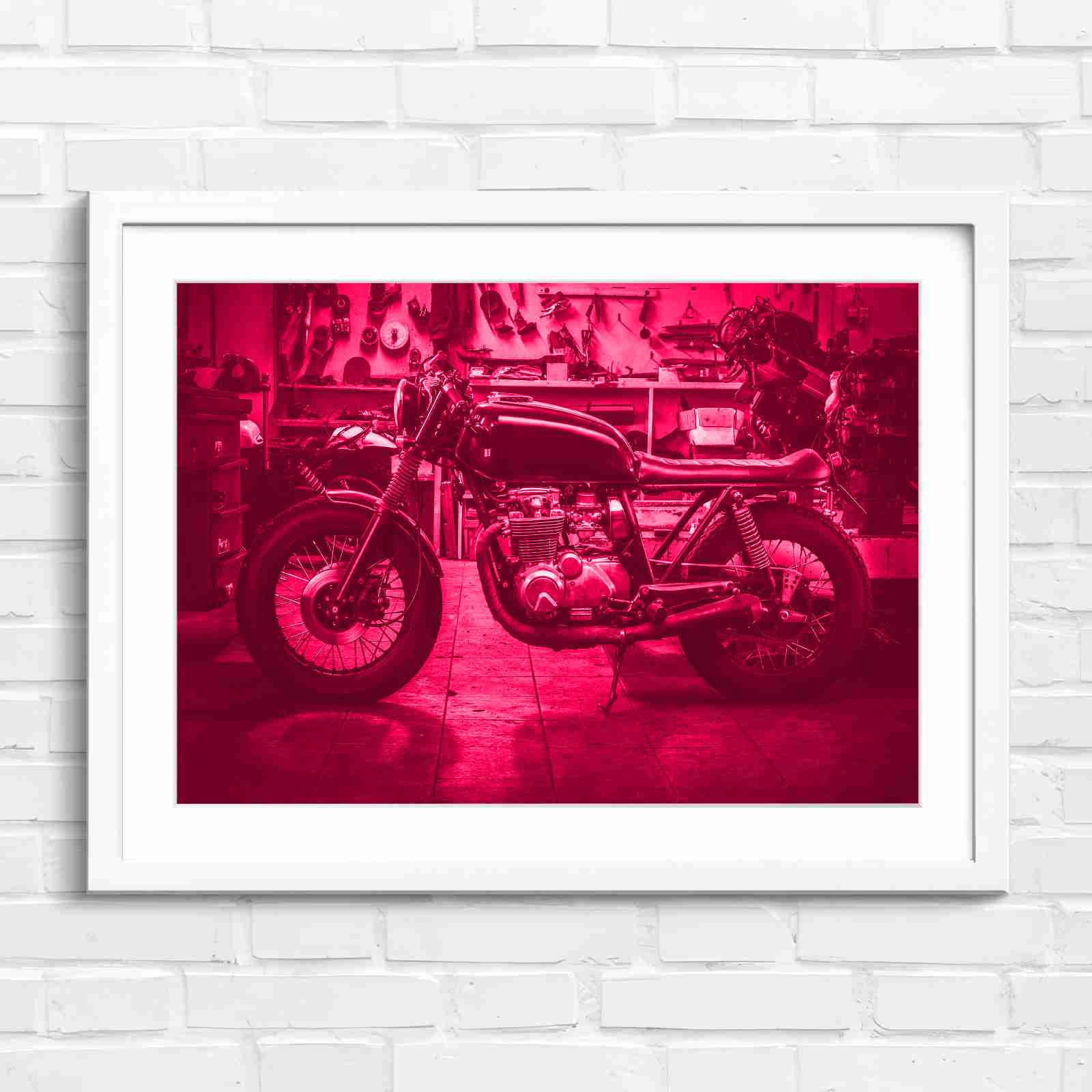 Custom Vintage Motorcycle in Workshop - Pink in White Frame