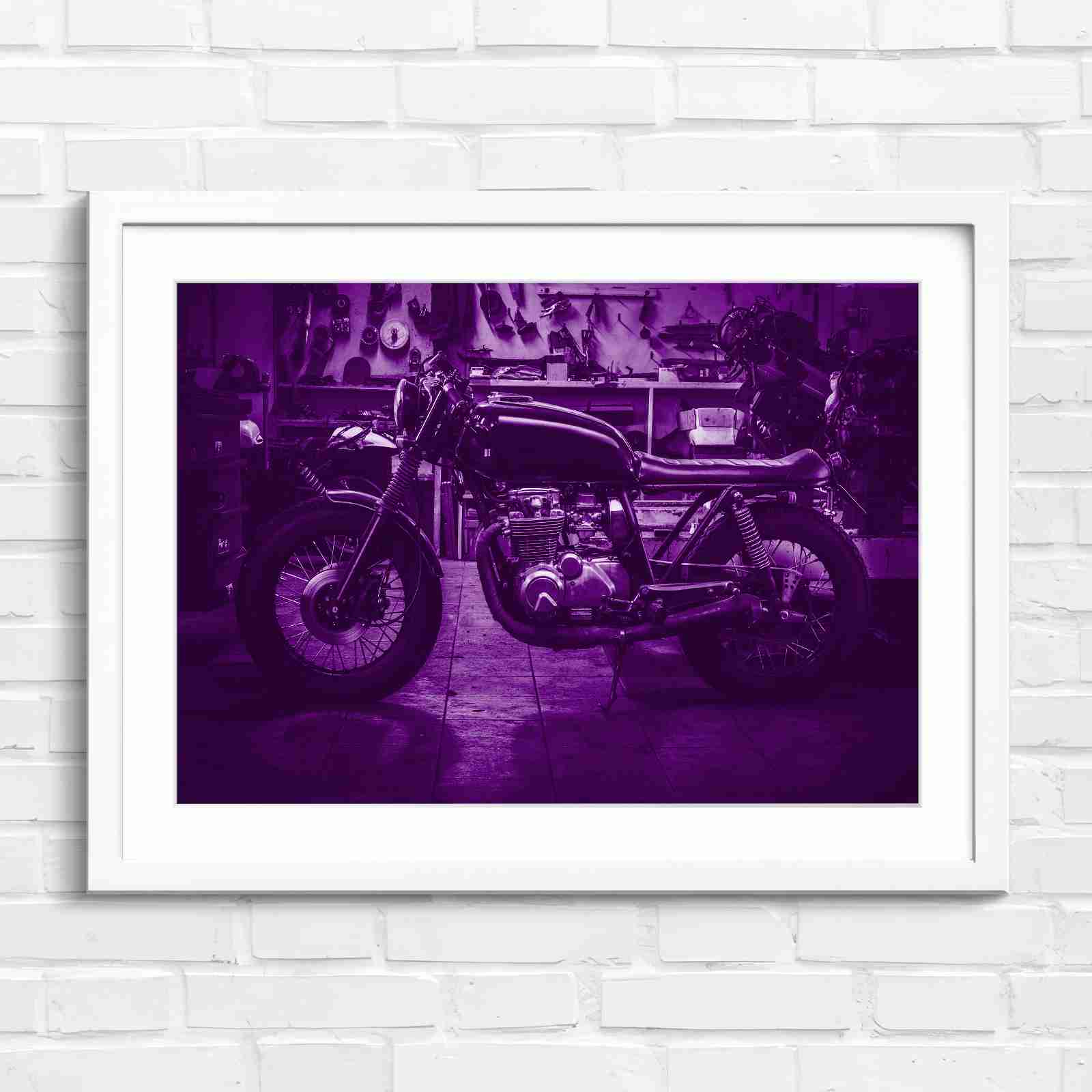 Custom Vintage Motorcycle in Workshop - Purple in White Frame