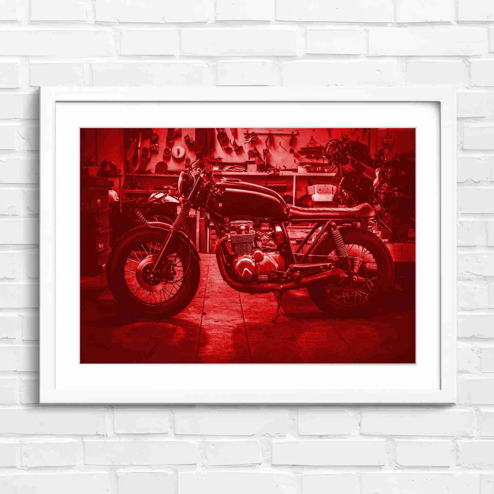 Custom Vintage Motorcycle in Workshop - Red in White Frame