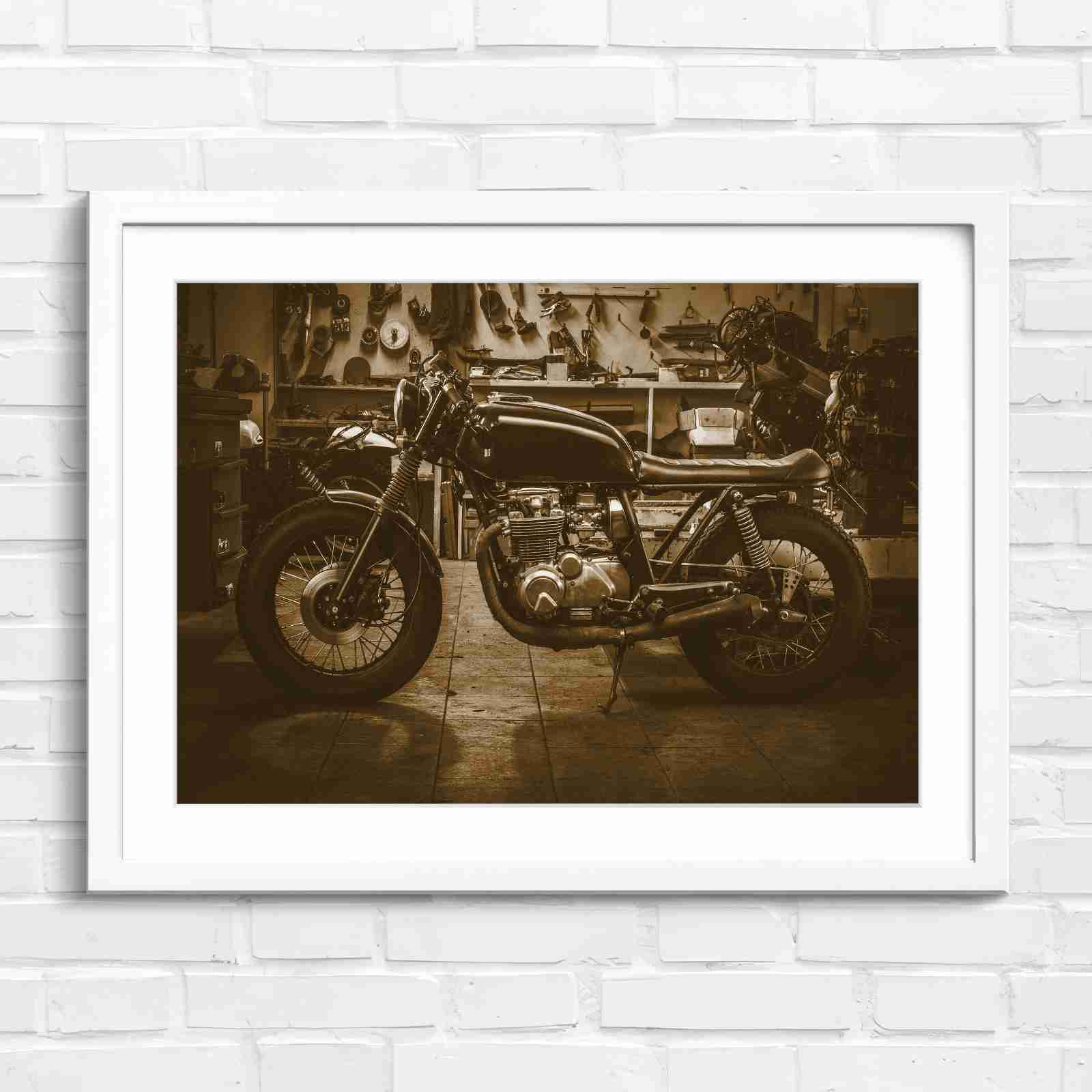Custom Vintage Motorcycle in Workshop - Sepia in White Frame