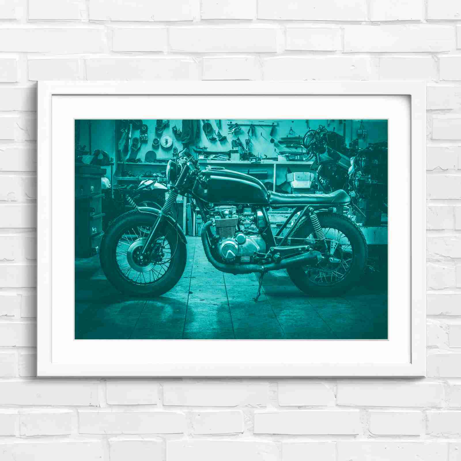 Custom Vintage Motorcycle in Workshop - Teal in White Frame