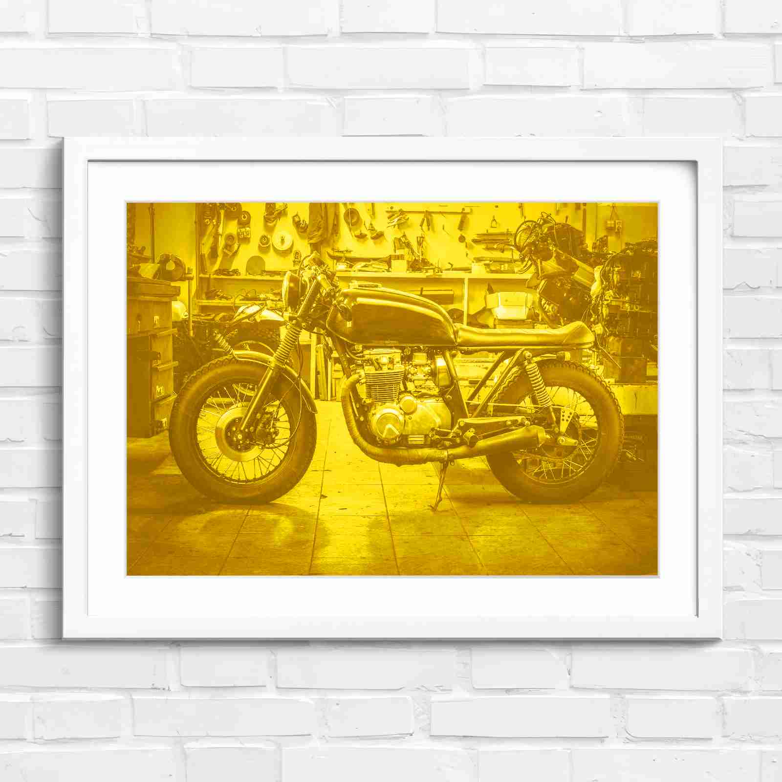 Custom Vintage Motorcycle in Workshop - Yellow in White Frame