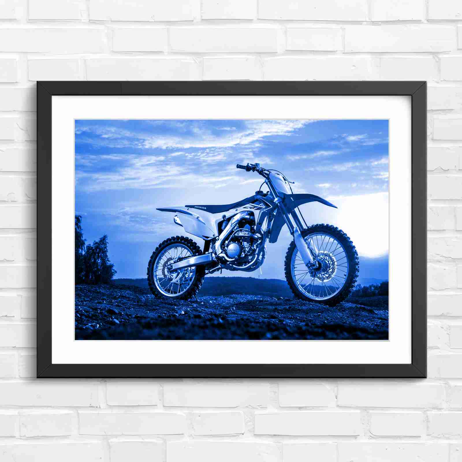 Red Dirt Bike Sunset Action - Blue in Black Frame
