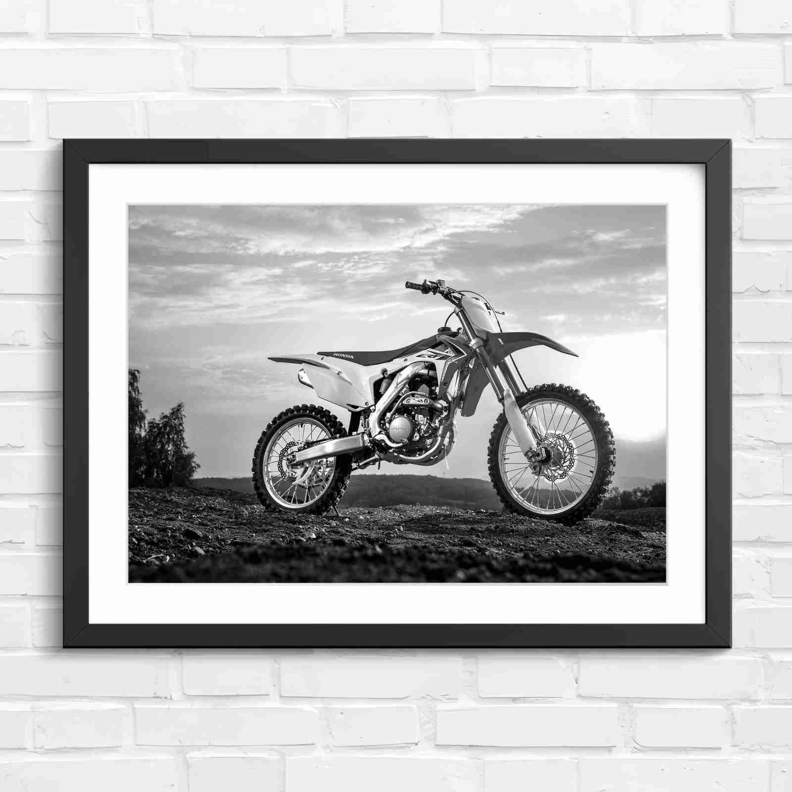 Red Dirt Bike Sunset Action - Black & White in Black Frame