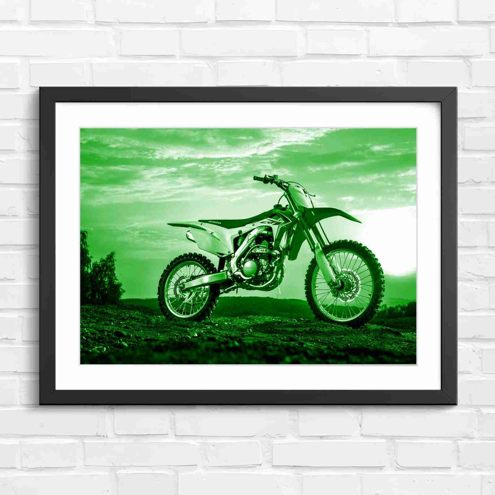 Red Dirt Bike Sunset Action - Green in Black Frame