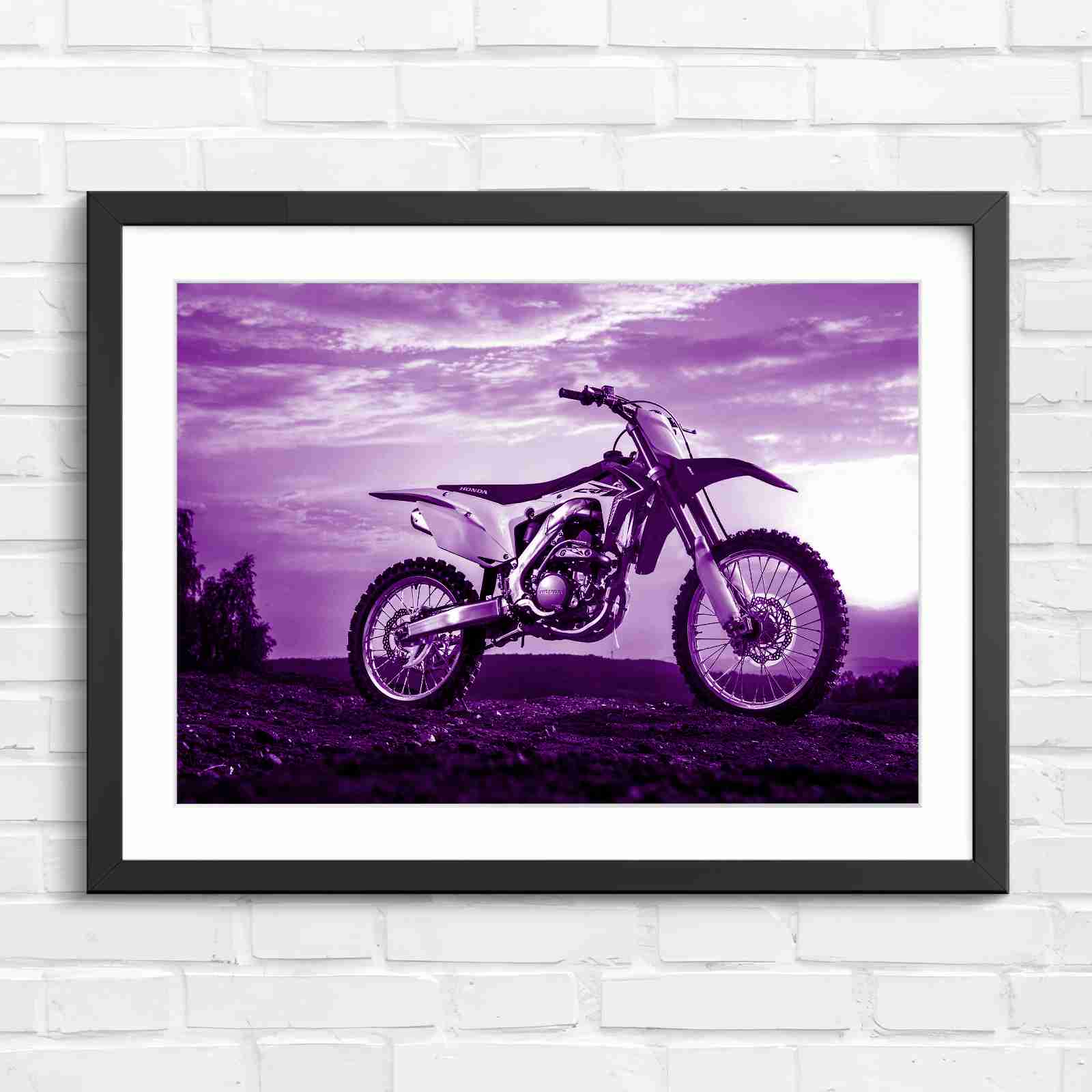 Red Dirt Bike Sunset Action - Purple in Black Frame