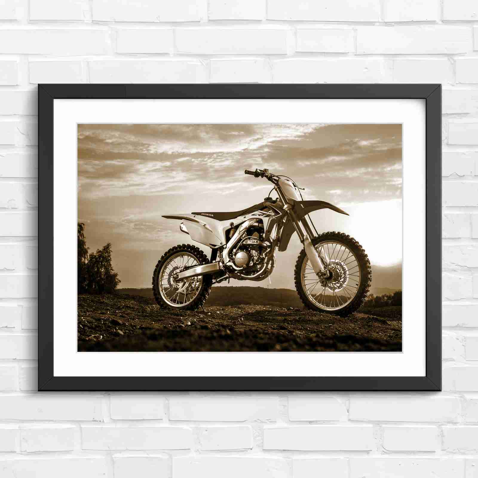 Red Dirt Bike Sunset Action - Sepia in Black Frame