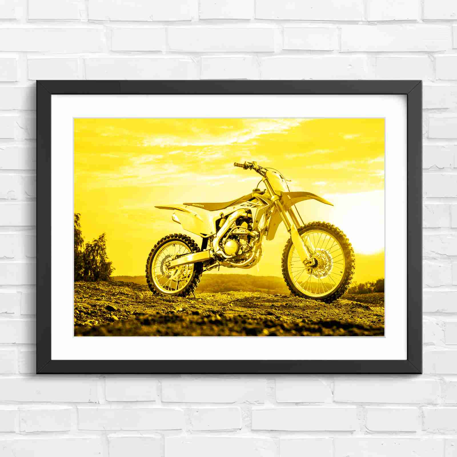 Red Dirt Bike Sunset Action - Yellow in Black Frame