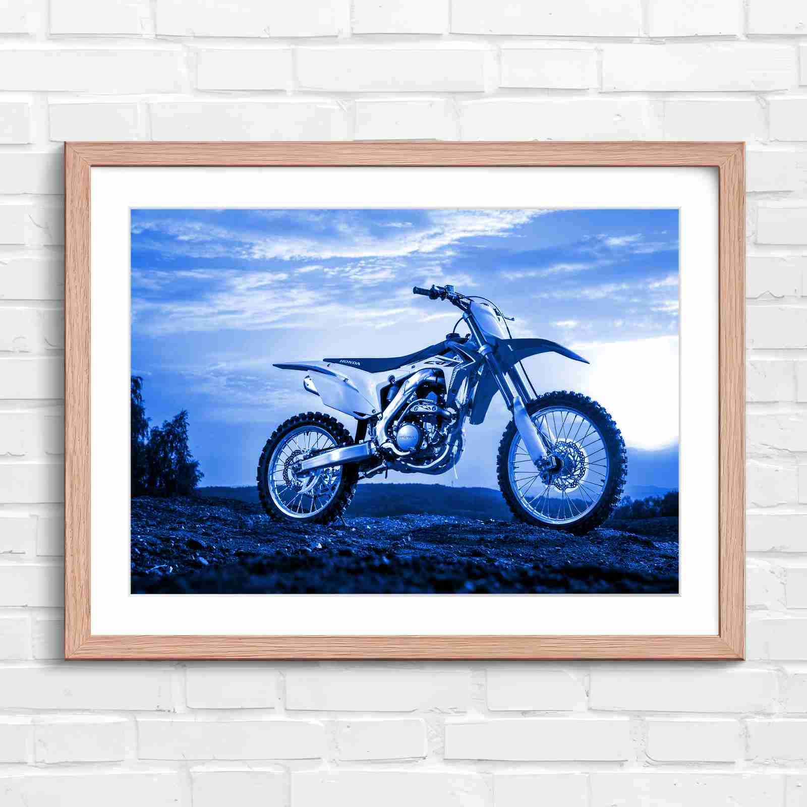 Red Dirt Bike Sunset Action - Blue in Oak Frame