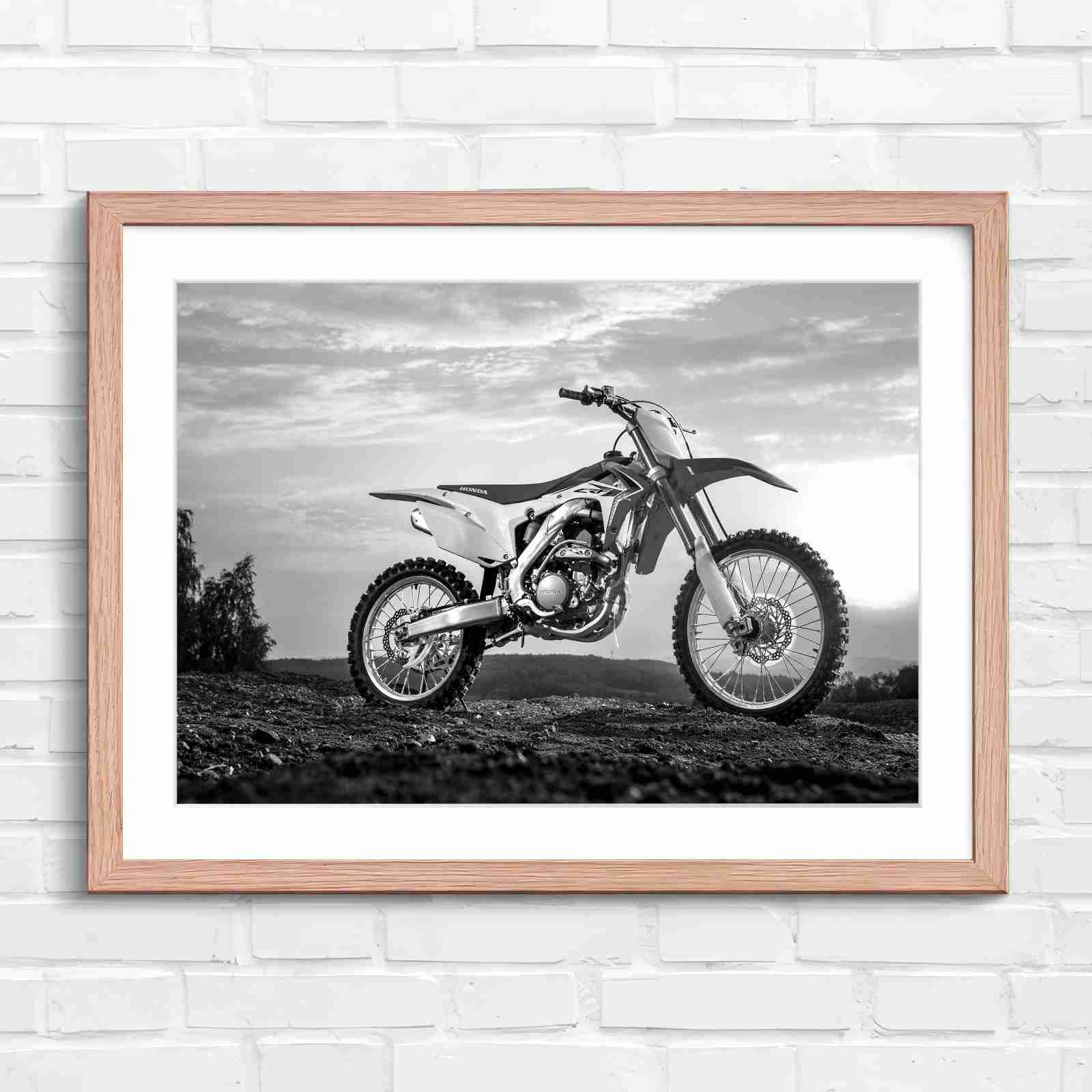 Red Dirt Bike Sunset Action - Black & White in Oak Frame