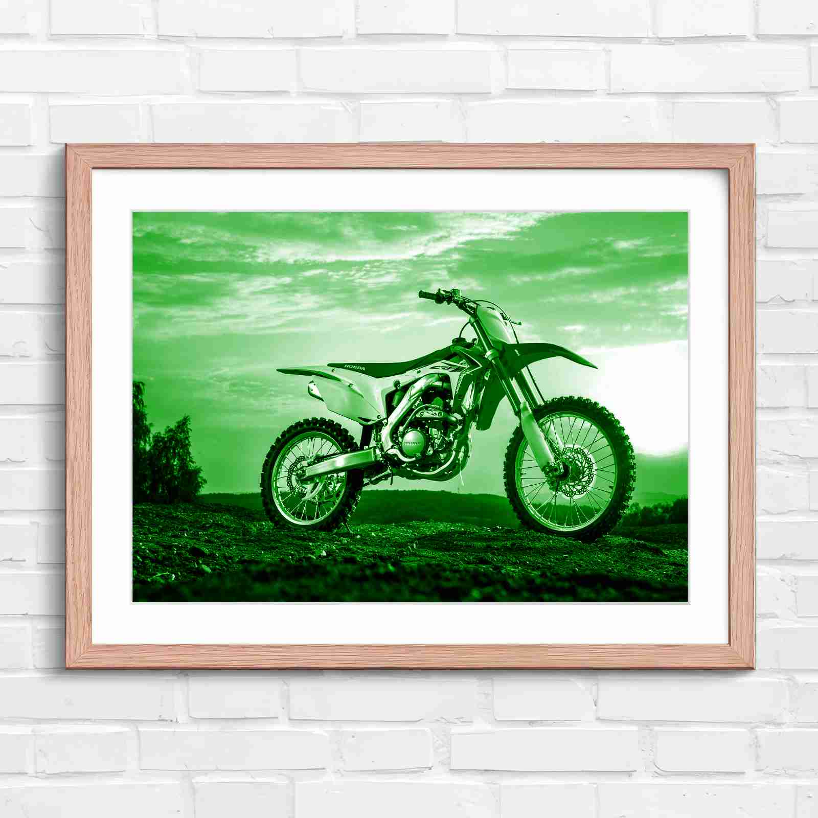 Red Dirt Bike Sunset Action - Green in Oak Frame