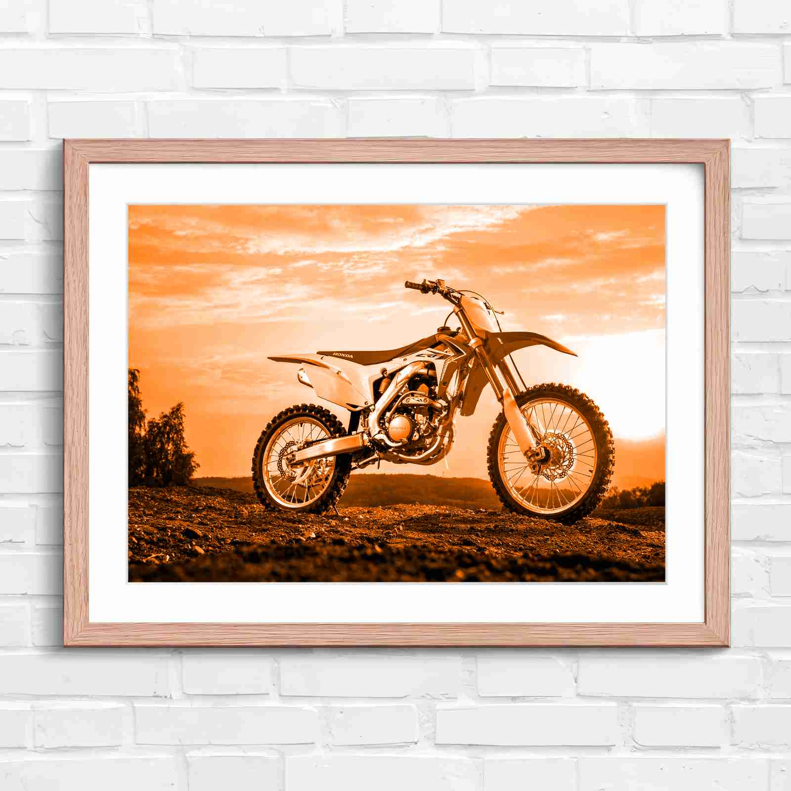 Red Dirt Bike Sunset Action - Orange in Oak Frame